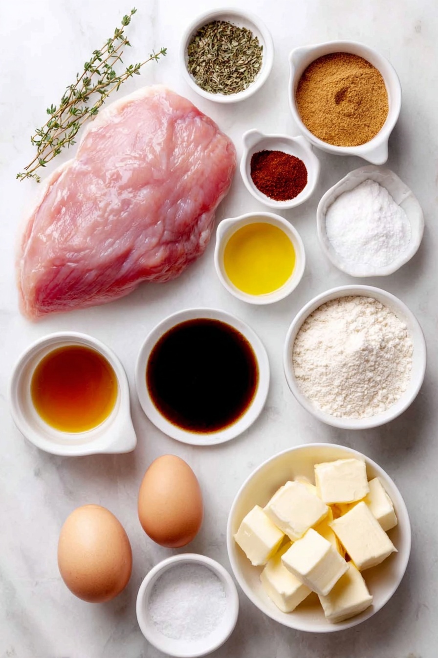 Flat lay of a fresh boneless turkey breast roast, a small white bowl of packed light brown sugar, a small white bowl of golden maple syrup, a small white bowl of amber honey, a small white bowl of dark reduced sodium soy sauce, a small white bowl of whole grain mustard with visible mustard seeds, a small white bowl of reddish smoked paprika powder, a small white bowl of off-white onion powder, a small white bowl of light beige garlic powder, a small white bowl of dried green thyme leaves, a small white bowl of coarse kosher salt, a small white bowl of cracked black pepper, a small white bowl of pale unsalted butter cubes, a small white bowl of all purpose flour, a small white bowl of light golden bourbon, and a small white bowl of amber apple cider, all arranged symmetrically on a clean white marble surface, soft natural light, photo taken with an iPhone, professional food photography style, fresh ingredients, white ceramic bowls, no bottles, no duplicates, no utensils, no packaging --ar 2:3 --v 7 --p m7354615311229779997