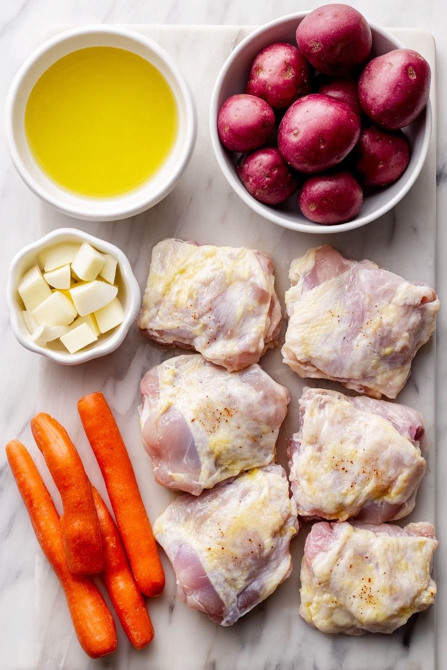 Flat lay of boneless skinless chicken thighs seasoned with smoked paprika, salt, and black pepper arranged beside halved baby red potatoes, a bunch of fresh baby carrots, a chopped medium red onion, three unpeeled garlic cloves, three whole brown eggs, small white ceramic bowls containing smoked paprika, salt, black pepper, olive oil, chicken broth, and a cornstarch-water slurry, all ingredients fresh and natural, placed on a clean white marble surface, soft natural light, photo taken with an iPhone, professional food photography style, fresh ingredients, white ceramic bowls, no bottles, no duplicates, no utensils, no packaging --ar 2:3 --v 7 --p m7354615311229779997