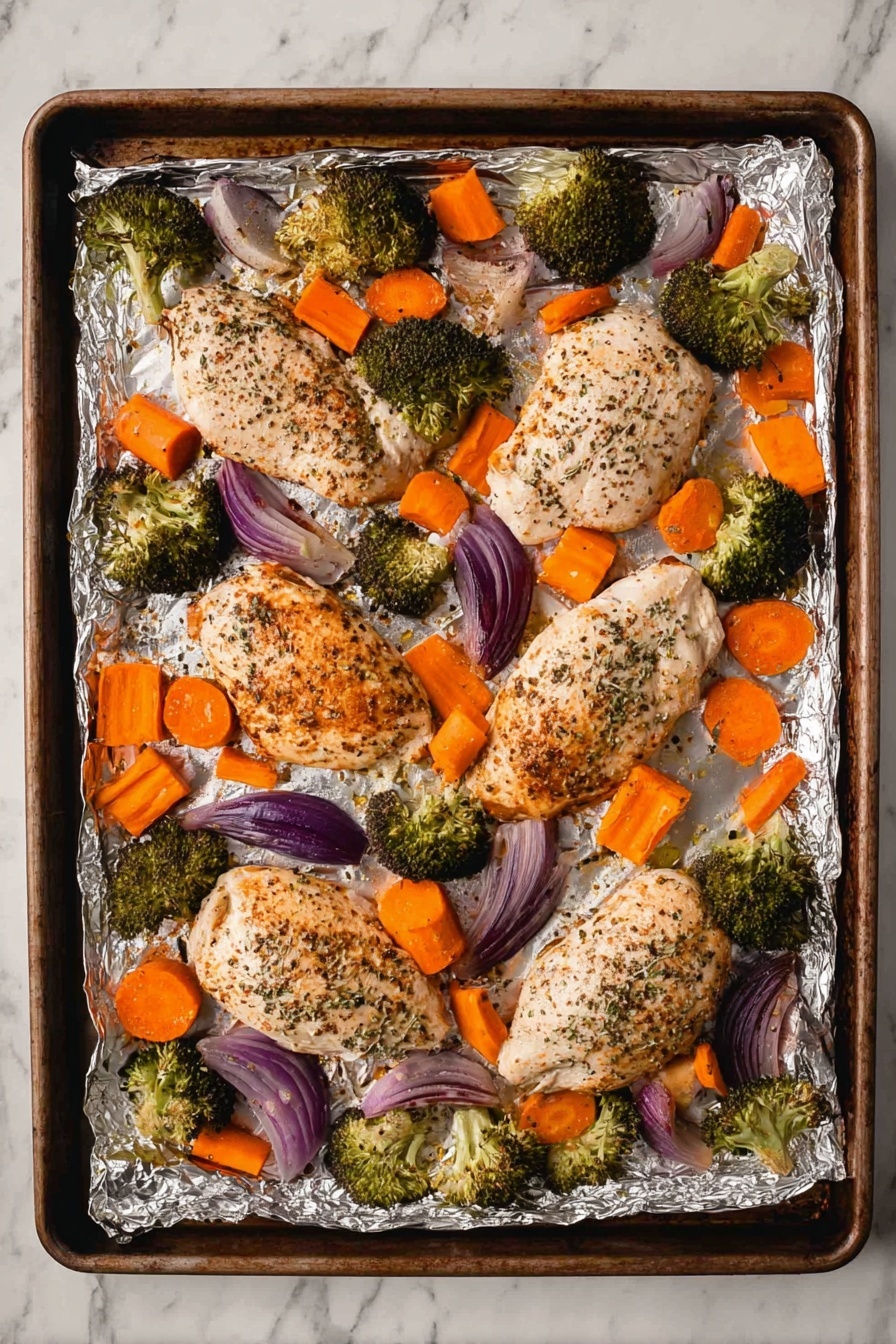 A dark baking tray lined with crinkled silver foil holds five pieces of cooked chicken, each browned and speckled with black pepper and herbs. Around the chicken are large chunks of bright orange carrots, fresh green broccoli florets, and thick slices of purple onion, all roasted with a slight char. The foil under the food is shiny and reflects the colors of the vegetables and chicken. The tray sits on a white marbled textured surface. photo taken with an iphone --ar 2:3 --v 7