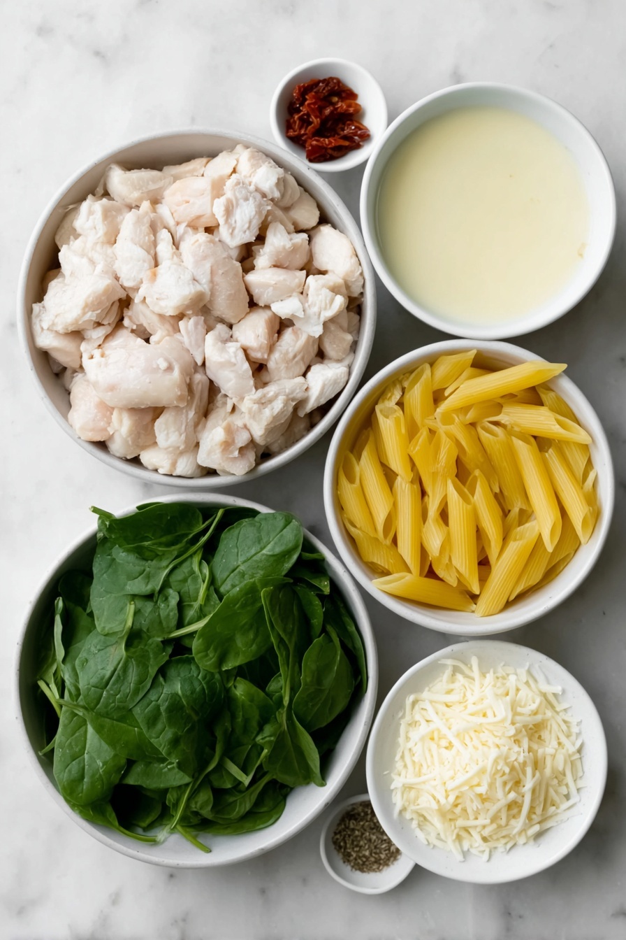 Flat lay of diced raw chicken breasts in 1-inch pieces, a small mound of uncooked penne pasta, two small white ceramic bowls—one filled with heavy cream and one with chicken broth, a neat pile of fresh chopped spinach leaves, a small white bowl with chopped sun-dried tomatoes, a handful of mixed dried Italian herbs, a small white bowl of garlic powder, another small white bowl of onion powder, a small white bowl of coarse salt, a small white bowl of black pepper, a modest heap of shredded parmesan cheese, a similar heap of grated mozzarella cheese, all arranged symmetrically and spaced evenly in a balanced composition on a clean white marble surface, soft natural light, photo taken with an iPhone, professional food photography style, fresh ingredients, white ceramic bowls, no bottles, no duplicates, no utensils, no packaging --ar 2:3 --v 7 --p m7354615311229779997