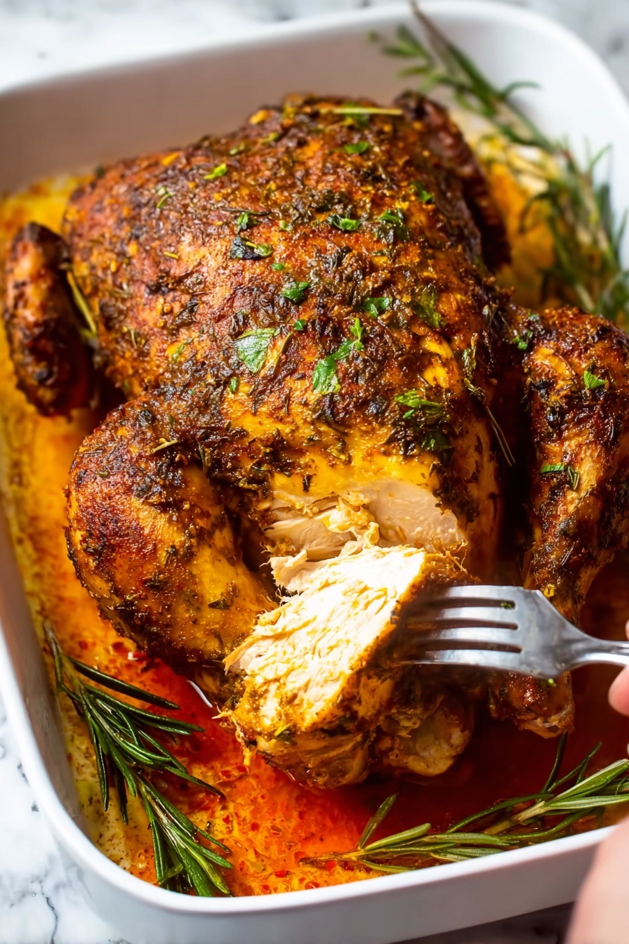 A close-up of a sliced roasted chicken with a crispy, brown herb crust on top covered with small green herb pieces and a slightly oily texture. The inside of the chicken is white and tender, showing layers of juicy meat. The chicken sits on a white plate with some red sauce and fresh green rosemary sprigs around it. A metal fork holds a piece of chicken near the bottom left corner. The background has a soft white marbled texture. Photo taken with an iphone --ar 2:3 --v 7
