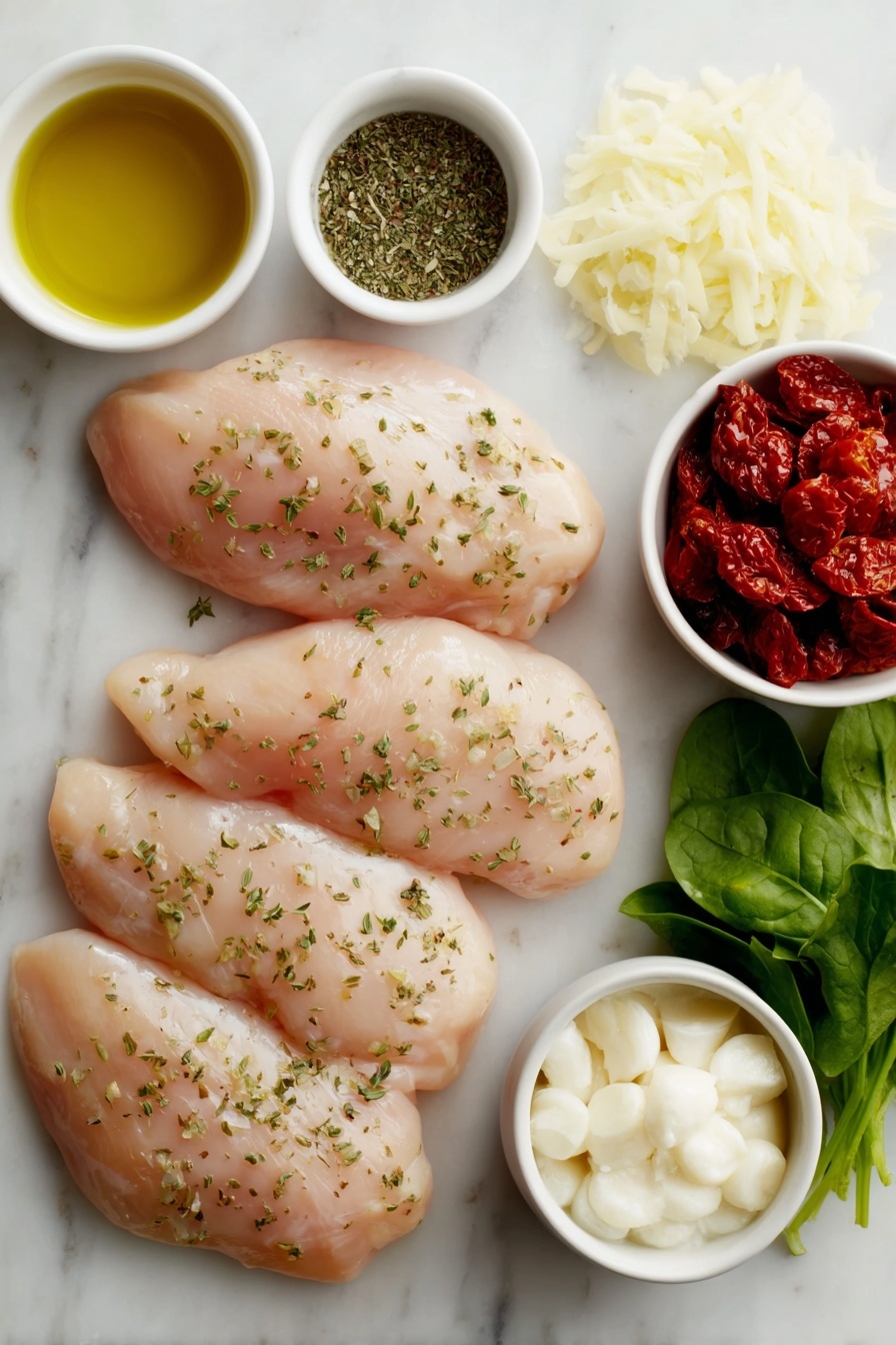 Flat lay of boneless skinless chicken breasts with smooth pink flesh, a small mound of mixed dried Italian herbs including oregano and rosemary, a few coarse granules of kosher salt, a small pile of freshly ground black pepper, a small white ceramic bowl filled with golden extra virgin olive oil, four whole uncracked garlic cloves with creamy white papery skins, a small white bowl of finely chopped yellow onion with translucent edges, a small white bowl holding thinly sliced deep red sun-dried tomatoes, a neat bundle of fresh vibrant green baby spinach leaves, a small white bowl filled with thick creamy white heavy cream, and a small white bowl piled with finely grated pale yellow parmesan cheese—all arranged symmetrically, placed on a clean white marble surface, soft natural light, photo taken with an iPhone, professional food photography style, fresh ingredients, white ceramic bowls, no bottles, no duplicates, no utensils, no packaging --ar 2:3 --v 7 --p m7354615311229779997