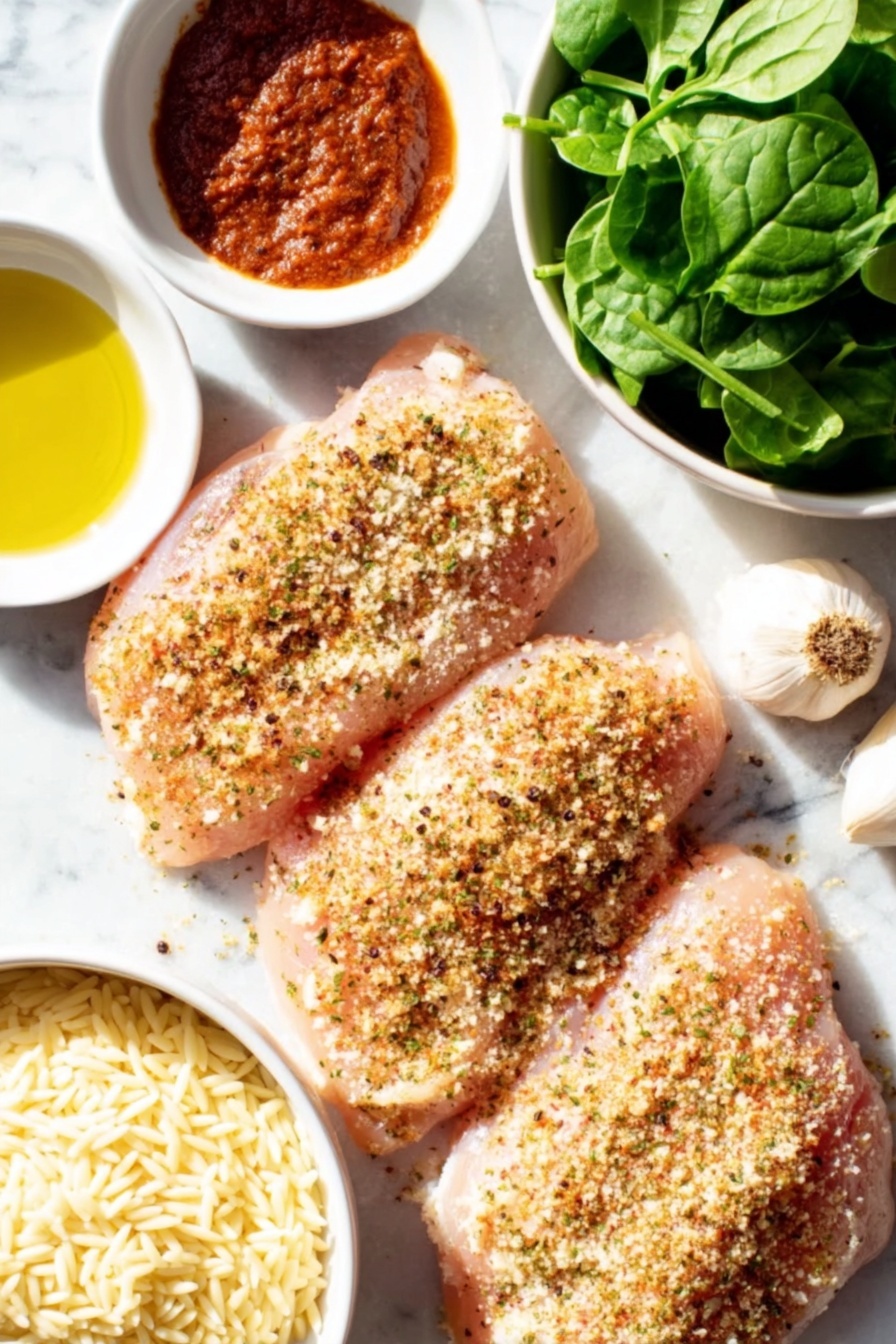 Flat lay of thin raw chicken breasts seasoned with cracked black pepper and paprika, three whole garlic cloves, a small white bowl of golden olive oil, a small white bowl of clear low sodium chicken broth, a small white bowl of white wine, a handful of fresh baby spinach leaves, a small white bowl of uncooked orzo pasta, a small white bowl of rich heavy cream, a small white bowl filled with grated Parmesan cheese, and a small white bowl of vibrant red tomato paste, all arranged symmetrically with balanced proportions on a clean white marble surface, soft natural light, photo taken with an iPhone, professional food photography style, fresh ingredients, white ceramic bowls, no bottles, no duplicates, no utensils, no packaging --ar 2:3 --v 7 --p m7354615311229779997