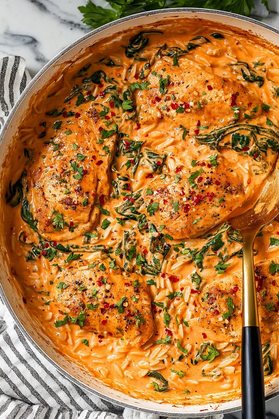 A white plate with a base layer of creamy orange pasta mixed with bright green spinach leaves, spread evenly. On top, there are five thick slices of grilled chicken with a golden-brown, slightly charred surface sprinkled with small spots of black pepper and coarse white salt. Fresh green parsley leaves are scattered over the chicken and pasta, adding a fresh look. The creamy sauce around the pasta looks smooth and rich, holding the dish together. Photo taken with an iphone --ar 2:3 --v 7