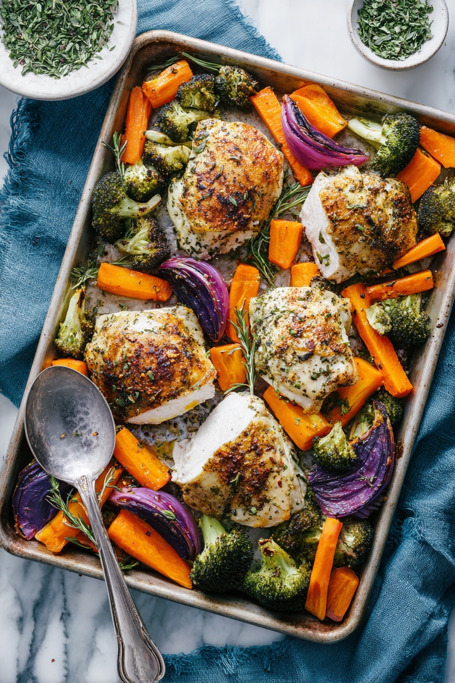 A dark metal baking tray filled with six grilled chicken pieces, mostly whole and one sliced. The chicken has a light brown color with seasoning and small green herb bits on top. Around the chicken are bright orange carrot sticks, green broccoli florets, and purple onion slices. All the vegetables show a slightly cooked texture with some char marks. A silver spoon rests near the sliced chicken on the right. The tray is placed on a white marbled surface with a blue cloth partially visible below it. Small green herb bits are scattered on the surface nearby. Photo taken with an iphone --ar 2:3 --v 7