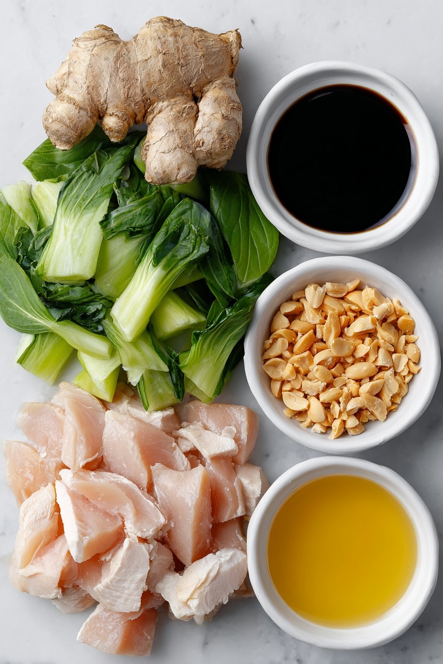 Flat lay of a small knob of fresh ginger root, six whole brown garlic cloves, a medium red onion cut into chunks, thin sliced raw boneless chicken breast strips arranged neatly, roughly chopped baby bok choy leaves, a handful of fresh green Thai basil leaves, a small white ceramic bowl of dark reduced sodium soy sauce, a small white ceramic bowl of pale rice vinegar, a small white ceramic bowl of golden toasted sesame oil, a small white ceramic bowl of light granulated sugar, a small white ceramic bowl of fine white cornstarch, a small white ceramic bowl of bright red chili paste, a small white ceramic bowl of crushed dry roasted peanuts, a small white ceramic bowl of clear vegetable oil, all ingredients fresh and natural, perfectly balanced and symmetrical, placed on a clean white marble surface, soft natural light, photo taken with an iPhone, professional food photography style, fresh ingredients, white ceramic bowls, no bottles, no duplicates, no utensils, no packaging --ar 2:3 --v 7 --p m7354615311229779997