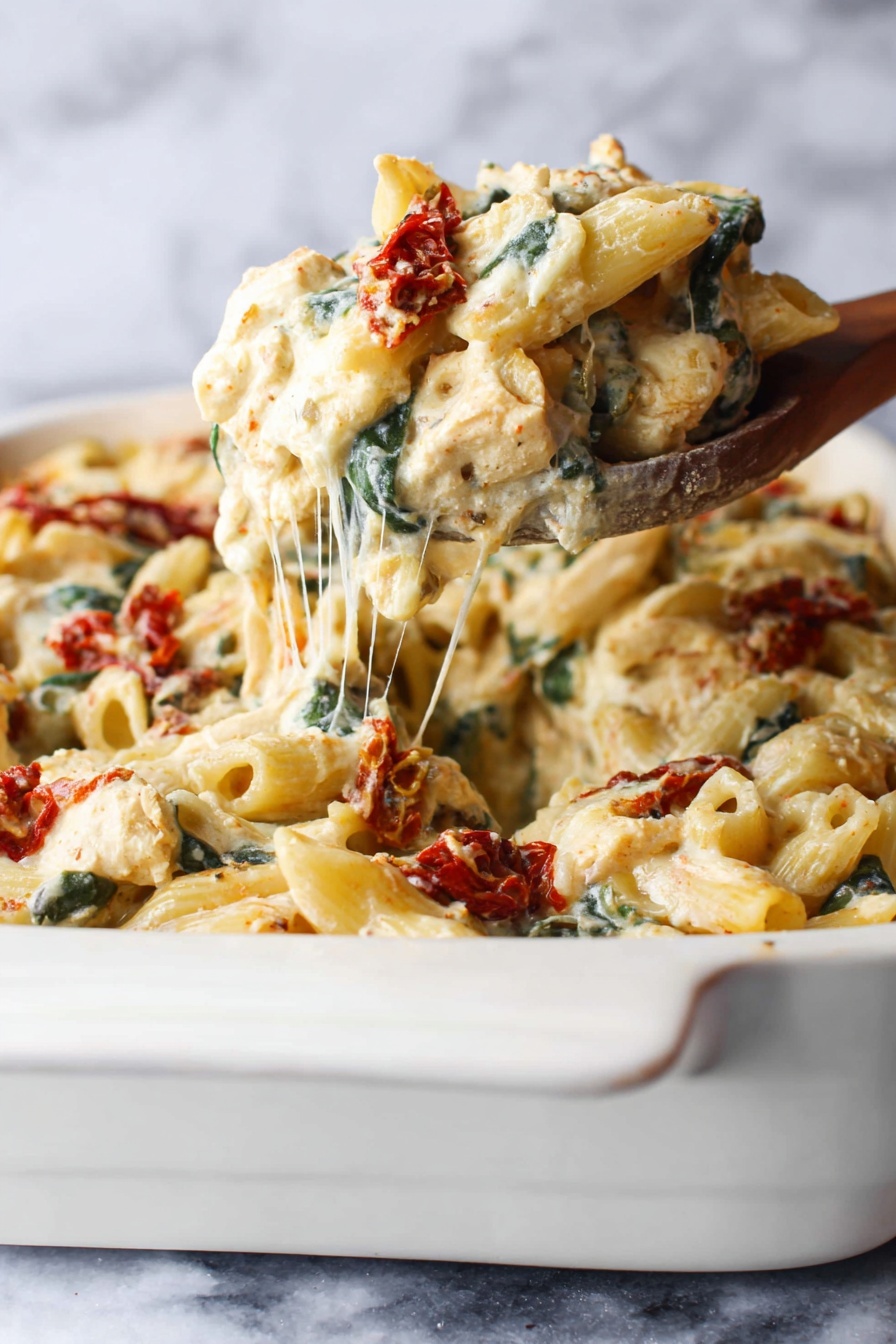 The dish is a creamy pasta bake in a white rectangular dish with one black handle showing. It has a thick creamy sauce covering penne pasta, with pieces of cooked white chicken, dark green spinach leaves, and strips of red sun-dried tomatoes mixed evenly throughout. There is a light sprinkle of grated cheese on top, melting into the sauce. The pasta is well coated, and the sauce looks rich and smooth with small herbs visible in it. A wooden spoon is partially inside the dish on the right side, mixing the pasta. The background is a white marbled surface with some fresh spinach leaves on the top right and a striped towel partially visible on the bottom left. photo taken with an iphone --ar 2:3 --v 7
