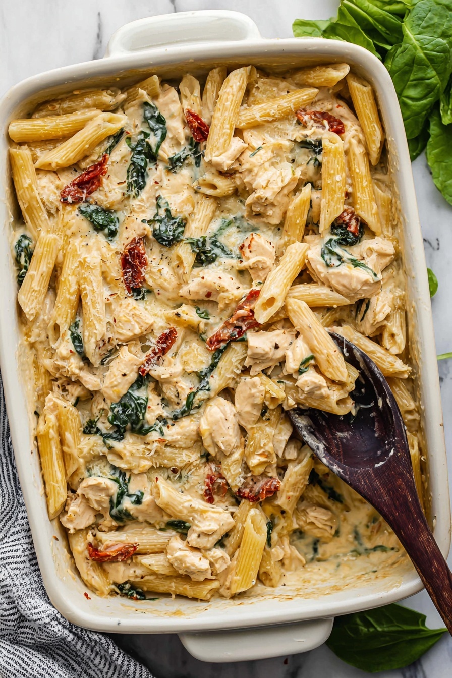 A close-up of a white baking dish filled with baked pasta that has three main layers: at the bottom, a bed of tubular pasta in pale yellow; in the middle, a creamy white cheese sauce mixed with wilted dark green spinach and small chunks of light tan chicken; on top, scattered pieces of bright red sun-dried tomatoes. A wooden spoon lifts a portion that shows a thick creamy texture with visible melted cheese string stretching down. The dish sits on a white marbled surface. Photo taken with an iphone --ar 2:3 --v 7