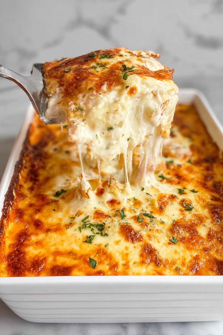 A white rectangular baking dish filled with a creamy baked cheesy dish, the top is golden brown with melted cheese and small green herb pieces sprinkled on top. A woman's hand is lifting a thick, gooey piece showing many strings of melted cheese stretching from the dish, revealing layers of creamy sauce and pasta or similar ingredients beneath the bubbly cheese layer. The background is a white marbled surface, adding a clean, bright look to the image. photo taken with an iphone --ar 2:3 --v 7