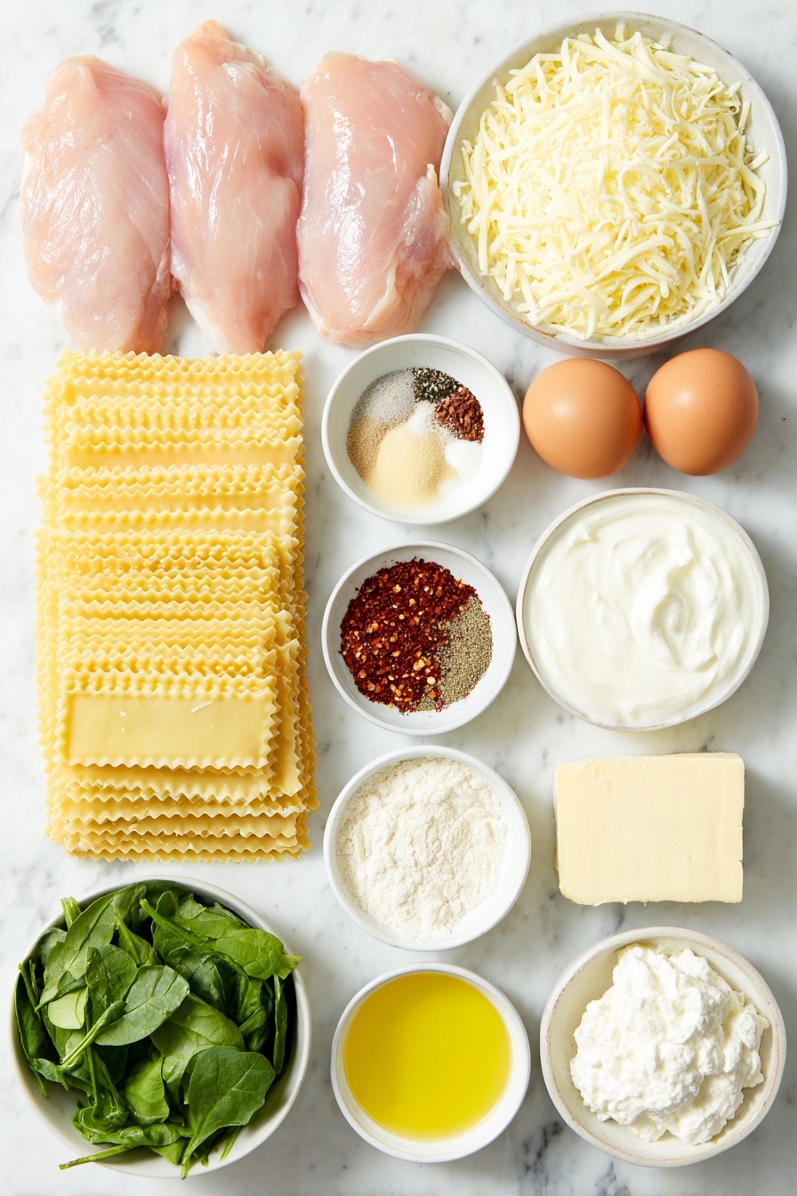 Flat lay of fresh dry rectangular lasagna noodle sheets, three raw whole chicken breasts with smooth skin, a small white bowl of golden olive oil, a small white bowl filled with reddish-brown smoked paprika, a small white bowl of bright red cayenne pepper powder, a small white bowl of light beige onion powder, a small white bowl of dark brown sugar, a small white bowl of pale garlic powder, a small white bowl of mixed green dried thyme and oregano, a small white bowl of coarse black pepper, a small white bowl of white salt crystals, six large cloves of fresh peeled garlic, a small white bowl of thick heavy whipping cream, a soft half block of white cream cheese, a white ceramic bowl heaped with creamy white ricotta cheese, a small plate of finely chopped deep green spinach leaves, a portion of cooked diced chicken breast pieces, a block of pale yellow parmesan cheese, an 8 oz block of white mozzarella cheese, an 8 oz block of pale orange colby jack cheese, six uncracked brown eggs arranged symmetrically—all placed on a clean white marble surface, soft natural light, photo taken with an iPhone, professional food photography style, fresh ingredients, white ceramic bowls, no bottles, no duplicates, no utensils, no packaging --ar 2:3 --v 7 --p m7354615311229779997