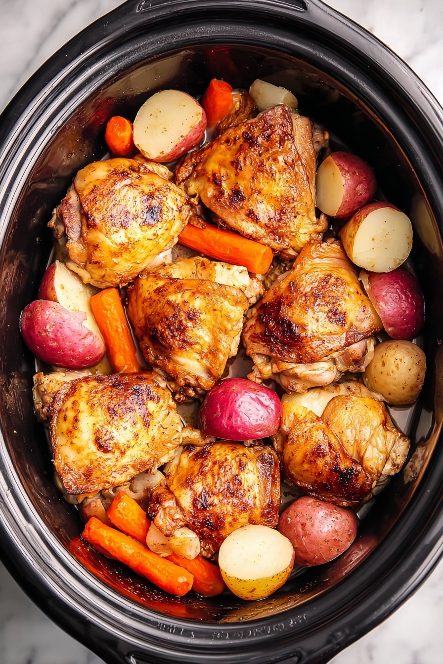 The image shows a black pot filled with cooked chicken thighs placed on top of small orange carrots and a mix of whole small red and white potatoes. The chicken pieces are golden-brown with a slightly crispy skin, some with darker browned spots. The vegetables underneath create a colorful base, with the smooth orange carrots and the round red and white potatoes partly submerged in a light broth, showing a mix of smooth and firm textures. The pot is set on a white marbled surface. Photo taken with an iphone --ar 2:3 --v 7