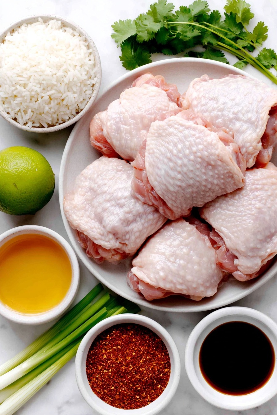 Flat lay of fresh raw chicken thighs with pale pink skin, a small white ceramic bowl of golden avocado oil, a small white ceramic bowl of thick amber honey, a small white ceramic bowl of dark brown tamari soy sauce, four whole garlic bulbs with white papery skins, a small white ceramic bowl of pale golden apple cider vinegar, a small white ceramic bowl of deep red paprika powder, a small white ceramic bowl of fine beige onion powder, a mound of fluffy cooked white rice on a simple white ceramic plate, a few bright green sliced green onions arranged neatly, a small bunch of fresh green cilantro leaves, and a halved fresh lime with bright green flesh placed on a clean white marble surface, soft natural light, photo taken with an iPhone, professional food photography style, fresh ingredients, white ceramic bowls, no bottles, no duplicates, no utensils, no packaging --ar 2:3 --v 7 --p m7354615311229779997