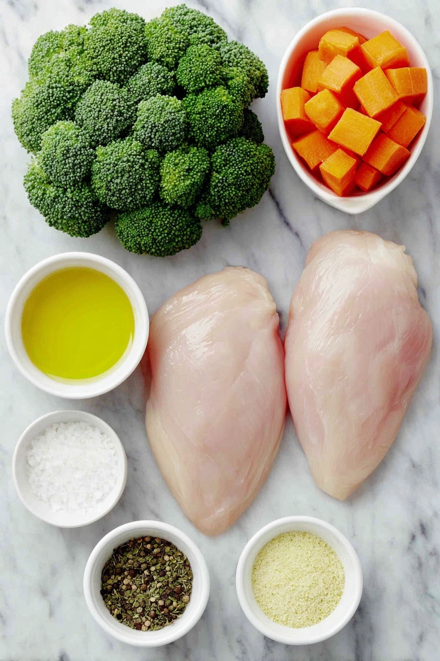 Flat lay of boneless skinless chicken breasts, a small pile of bright green broccoli florets, three fresh large orange carrots cut into chunks, a small white ceramic bowl of pale golden olive oil, a small white ceramic bowl of mixed Italian seasoning herbs, a small white ceramic bowl of kosher salt crystals, a small white ceramic bowl of garlic powder, a small white ceramic bowl of onion powder, a small white ceramic bowl of freshly ground black pepper, all ingredients arranged with perfect symmetry on a clean white marble surface, soft natural light, photo taken with an iPhone, professional food photography style, fresh ingredients, white ceramic bowls, no bottles, no duplicates, no utensils, no packaging --ar 2:3 --v 7 --p m7354615311229779997