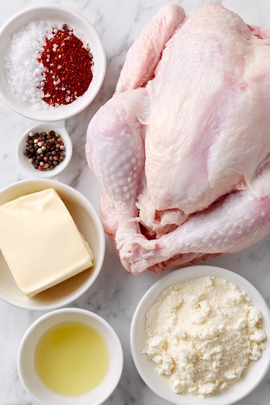 Flat lay of a whole raw spatchcock turkey with its backbone removed, a small white ceramic bowl filled with a reddish-orange mix of paprika, garlic powder, onion powder, black pepper, and kosher salt, a small white ceramic bowl of softened salted butter, and a small white ceramic bowl of golden olive oil, all arranged with perfect symmetry and balanced proportions, placed on a clean white marble surface, soft natural light, photo taken with an iPhone, professional food photography style, fresh ingredients, white ceramic bowls, no bottles, no duplicates, no utensils, no packaging --ar 2:3 --v 7 --p m7354615311229779997