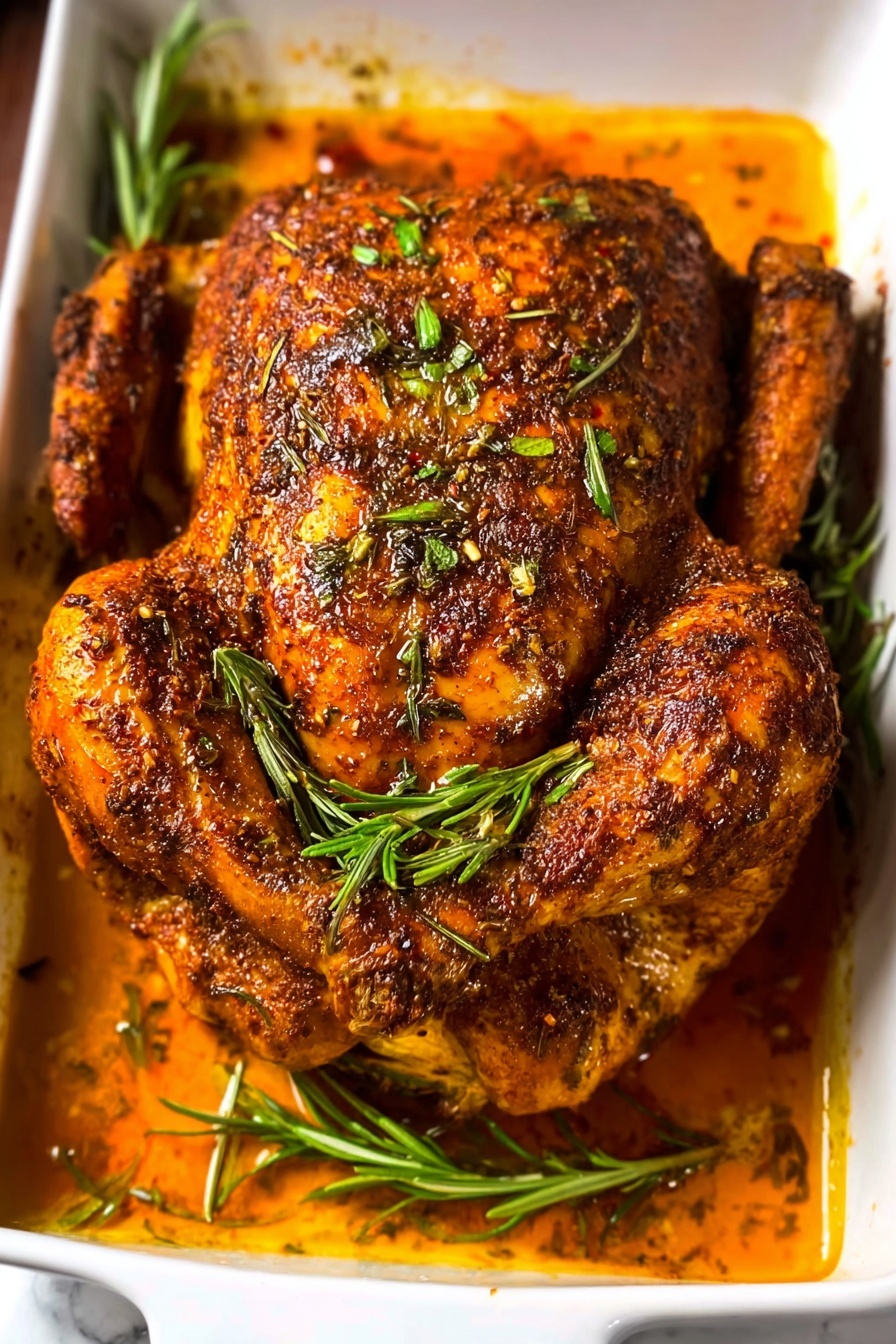 A whole roasted chicken with a dark, crispy, spiced skin sits in a white rectangular dish filled with a bright orange-red sauce. The chicken is in the center, showing the rounded back and legs tucked underneath, with some green herb sprigs, including rosemary, placed under and beside it. The skin texture is rough and rich with seasoning, giving it a deep rusty brown and red color. The white dish contrasts with the vibrant colors of the chicken and sauce, placed on a white marbled surface. Photo taken with an iphone --ar 2:3 --v 7