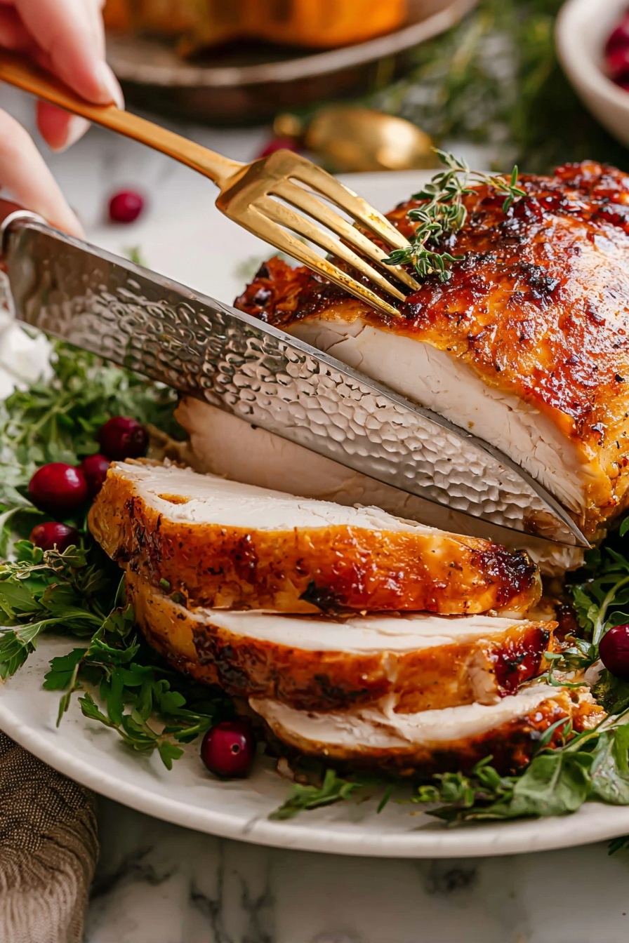 A white plate holds a roasted chicken breast with a shiny, dark golden-brown crust sprinkled with green herbs. The chicken is being sliced into thick pieces, showing the tender, light beige inside. Around the chicken, there are fresh bright red cranberries and green herbs with different textures, like rosemary and thyme, spread over the plate. A woman's hand holds a gold fork pressing the chicken, while a hammered silver knife slices it. The plate sits on a white marbled surface, with blurred side dishes in the background. Photo taken with an iphone --ar 2:3 --v 7