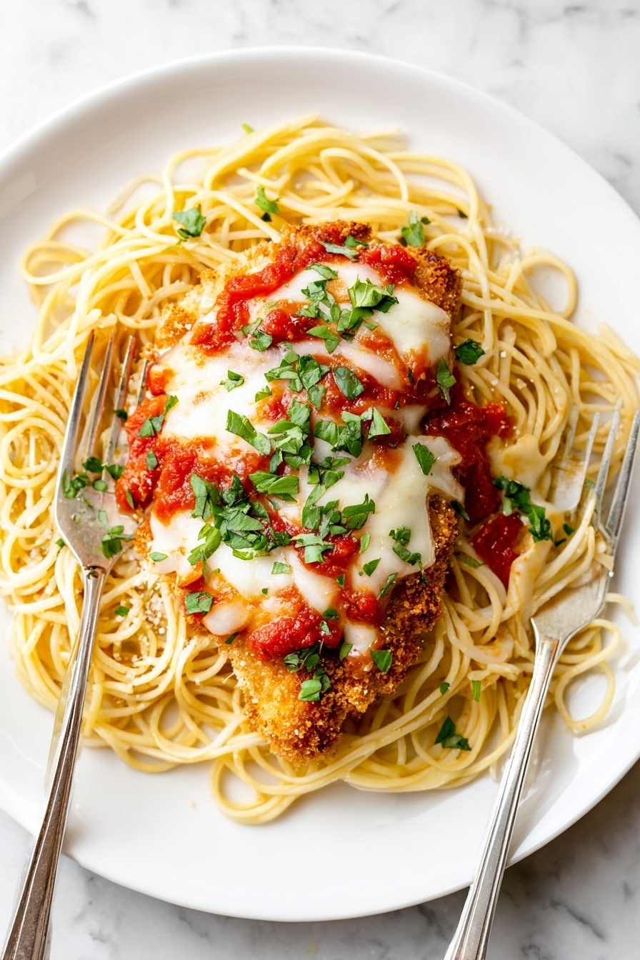 A white plate sits on a white marbled surface with a serving of spaghetti noodles forming the bottom layer, light yellow and slightly glossy. On top of the noodles is a layer of bright red chunky tomato sauce scattered unevenly. Placed on the sauce is a large piece of breaded and fried chicken covered with melted white cheese that looks soft and shiny. Small green parsley pieces are sprinkled on the cheese and around the dish. A fork with silver prongs is holding a piece of the chicken mixed with some noodles and sauce near the left side of the plate. photo taken with an iphone --ar 2:3 --v 7