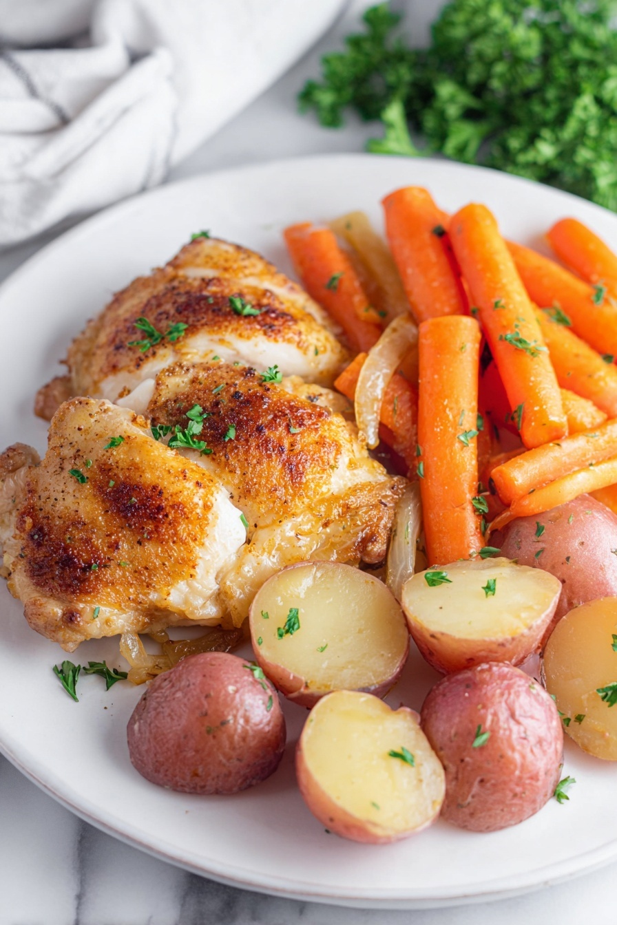A white bowl holds a meal with three main parts: a piece of cooked chicken with golden brown, slightly crispy skin at the front, small whole carrots with a bright orange color and soft texture placed behind the chicken, and several halved red potatoes with light yellow insides on the left side. There are translucent onion slices mixed with the carrots, and small green herb pieces sprinkled over the whole dish, adding a fresh touch. The bowl sits on a white marbled surface. Photo taken with an iphone --ar 2:3 --v 7