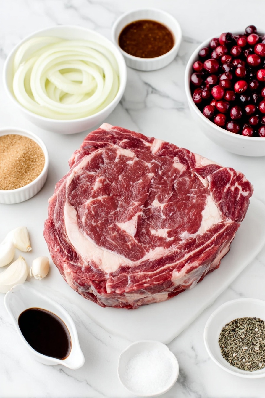 Flat lay of a fresh raw chuck roast with rich marbling, a large yellow onion sliced into rings arranged neatly, a small white bowl filled with whole berry cranberry sauce glistening with fresh cranberries, a small white bowl holding light brown packed brown sugar, four whole garlic cloves with unbroken skins, a small white bowl of dried minced onion flakes, a small white bowl with fine ground thyme powder, a small white bowl of coarse kosher salt crystals, a small white bowl of freshly ground black pepper, and a small white bowl containing dark Worcestershire sauce, all placed on a clean white marble surface, soft natural light, photo taken with an iPhone, professional food photography style, fresh ingredients, white ceramic bowls, no bottles, no duplicates, no utensils, no packaging --ar 2:3 --v 7 --p m7354615311229779997