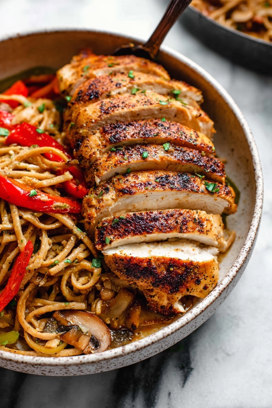 The dish is shown close up in a white pan with a black rim placed on a light brown cloth over a white marbled surface. It has one main layer of noodles, which are light brown and slightly shiny, mixed with slices of green and red bell peppers and mushrooms. On top, there are two rows of grilled chicken slices with a golden brown outside and white inside, sprinkled with chopped green herbs and black pepper. The sauce looks creamy and lightly coats the noodles and vegetables. The whole dish looks warm and well-seasoned photo taken with an iphone --ar 2:3 --v 7