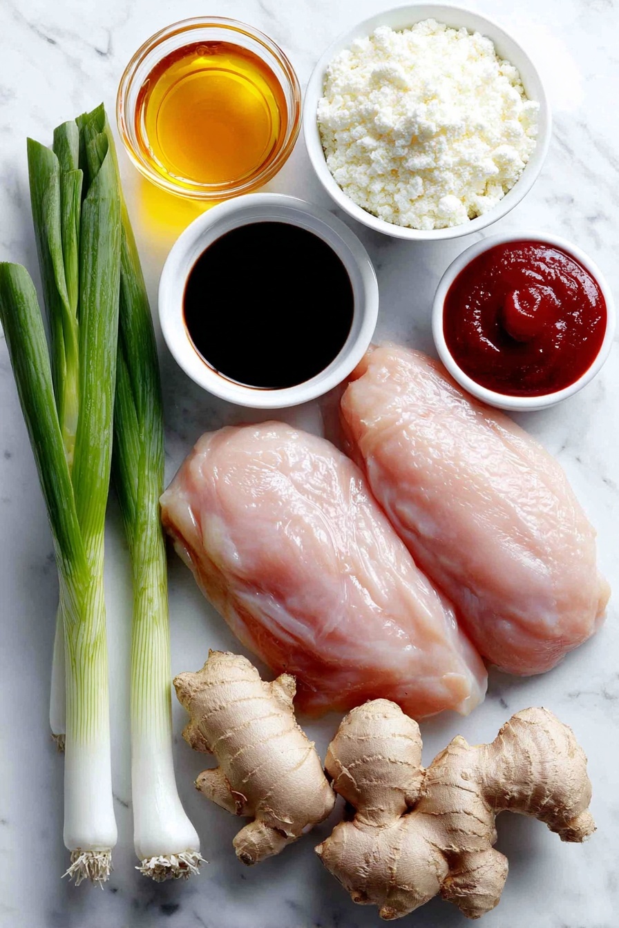 Flat lay of a few small pieces of very finely diced fresh ginger, two cloves of whole uncracked garlic with clean shells, a small white ceramic bowl of golden honey, a small white ceramic bowl of dark low-sodium soy sauce, a small white ceramic bowl of bright red ketchup, a small white ceramic bowl of amber toasted sesame oil, a small pile of white sesame seeds, a whole raw boneless skinless chicken breast, a small white ceramic bowl of white cornstarch powder, a small white ceramic bowl of neutral cooking oil, and two fresh green onion stalks with leafy tops, all arranged symmetrically on a clean white marble surface, soft natural light, photo taken with an iPhone, professional food photography style, fresh ingredients, white ceramic bowls, no bottles, no duplicates, no utensils, no packaging --ar 2:3 --v 7 --p m7354615311229779997