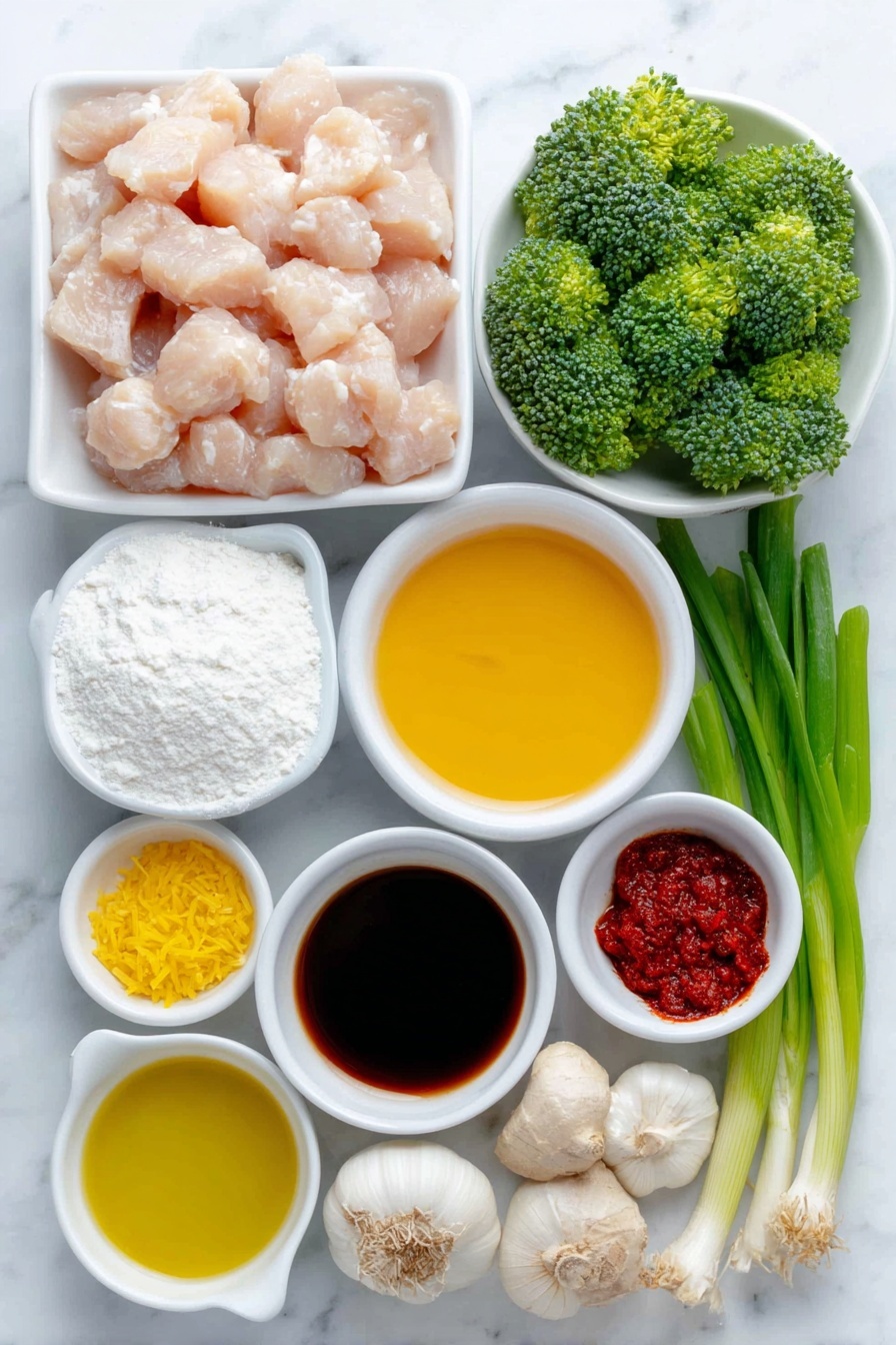 Flat lay of fresh raw chicken breast cubes arranged neatly, bright green broccoli florets, a small white bowl of grated garlic, a small white bowl of grated fresh ginger, a small white bowl of deep red chili paste, a small white bowl of golden honey, a small white bowl of dark tamari sauce, a small white bowl of orange juice with a few orange zest strips on top, a few whole uncracked brown eggs, a small white bowl of extra virgin olive oil, a small white bowl of toasted sesame oil, a small white bowl of rice vinegar, a small white bowl of white flour, a few sprigs of fresh green onions, a small white dish of black peppercorns, and a small white dish with toasted sesame seeds, all ingredients fresh and natural, perfectly symmetrical on a simple white ceramic plates and bowls placed on a clean white marble surface, soft natural light, photo taken with an iPhone, professional food photography style, fresh ingredients, white ceramic bowls, no bottles, no duplicates, no utensils, no packaging --ar 2:3 --v 7 --p m7354615311229779997