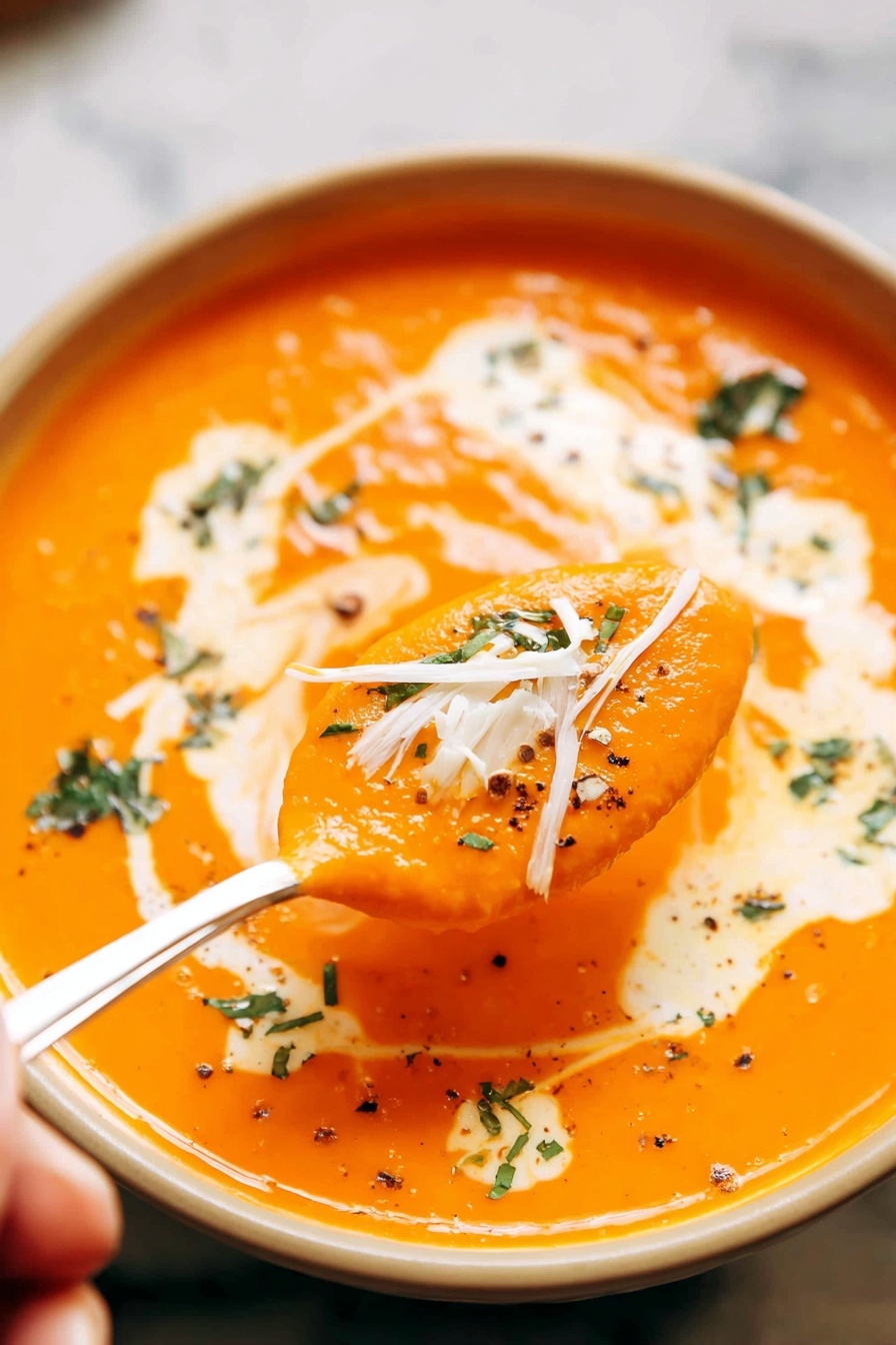 Two white bowls filled with bright orange creamy tomato soup sit on a white marbled surface. Each bowl has a swirl of white cream on top, sprinkled with small green herb pieces and a few black specks of pepper. One bowl is closer to the front and contains two golden toasted bread slices partially dipped in the soup, while the other bowl is positioned slightly behind and to the left, showing just the soup and cream swirl. A yellow cloth is partly visible on the lower left side of the image. photo taken with an iphone --ar 2:3 --v 7