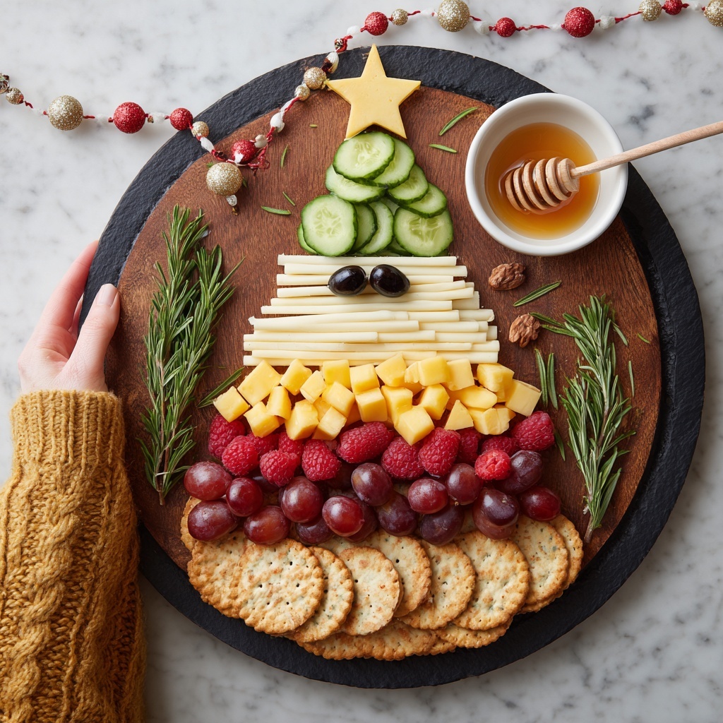 A round wooden board with layers arranged like a Christmas tree: the base layer is a circle of thin light beige crackers with swirls, topped with thin yellow cheese sticks and green rosemary sprigs; above this is a row of purple grapes, followed by a layer of thinly sliced cucumber rounds with rosemary sprigs running through them; next is a layer of light brown nuts and red raspberries sprinkled with small yellow translucent cubes; above that is a row of yellow cheese cubes and thin rolled dark red cured meat, with green rosemary sprigs in between; the top layer has three yellow star-shaped cheese pieces and more of the light beige crackers. Around the board are shiny gold and red small round ornaments, with a small white bowl of honey and a wooden honey dipper with a gold knife to the side, all on a white marbled surface. photo taken with an iphone --ar 2:3 --v 7