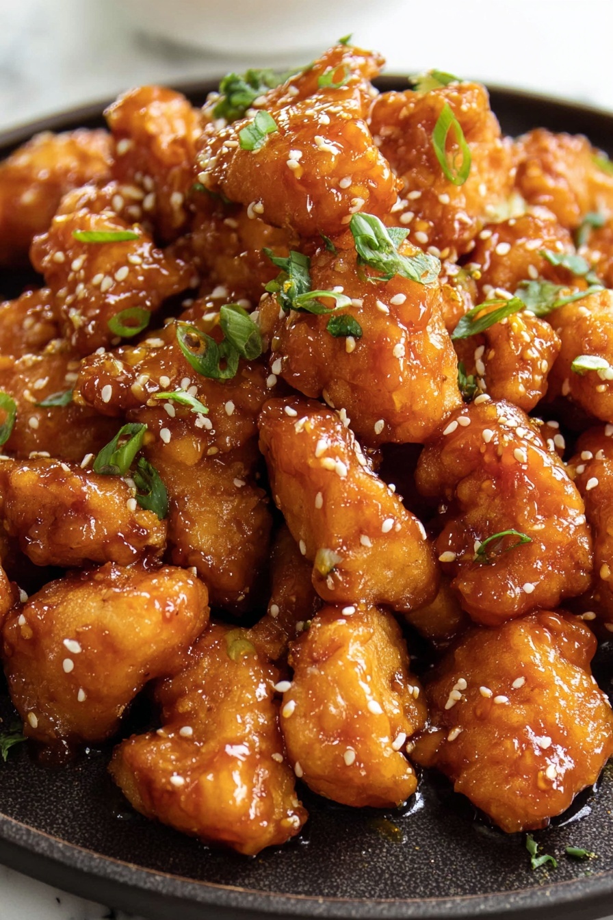 The image shows a black cast iron skillet filled with about 30 pieces of glazed, golden-brown chicken chunks. The chicken pieces are coated in a shiny orange sauce giving a sticky look and are sprinkled with white sesame seeds and small chopped green onion pieces. Around the skillet, there are scattered sesame seeds and green onions on a dark wooden table with a white marbled texture beneath. In the top right corner, there is a small wooden bowl filled with sliced green onions. The overall scene looks warm and inviting with the main focus on the saucy chicken. Photo taken with an iphone --ar 2:3 --v 7