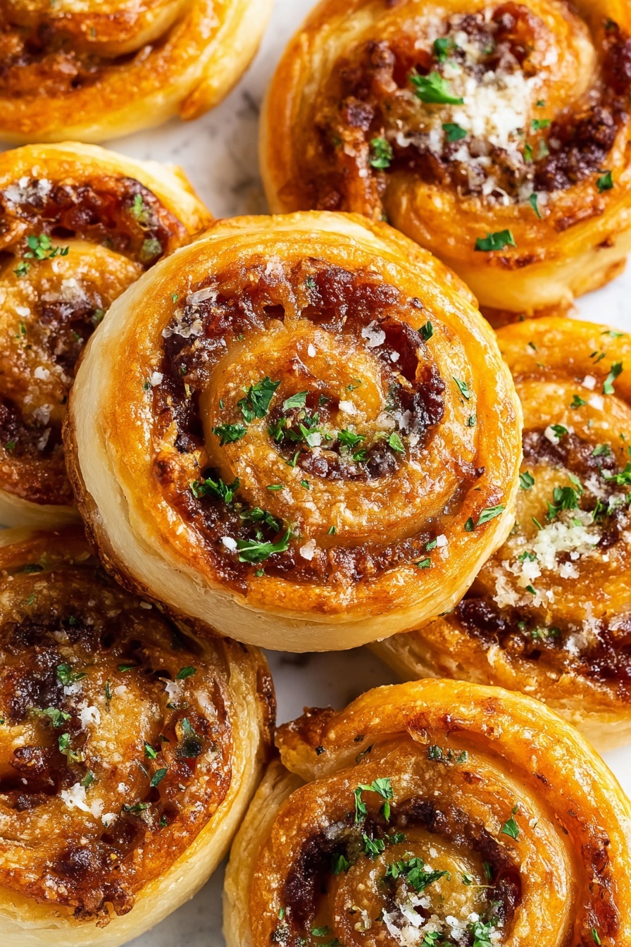 The image shows a close-up view of several puff pastry swirls stacked closely together. Each swirl has three main layers: the outer layer is a golden, flaky, and crisp pastry with visible folds and light layers; the middle layer is a rich, browned mixture that looks like melted cheese and tomato sauce, giving a slightly rough texture with small bubbles from baking; the top layer is sprinkled with small white cheese crumbs and pieces of fresh green parsley scattered on top, adding contrast in color. The swirl's shape is round, with a spiral pattern clearly visible. The background is a white marbled surface with scattered herbs. Photo taken with an iphone --ar 2:3 --v 7