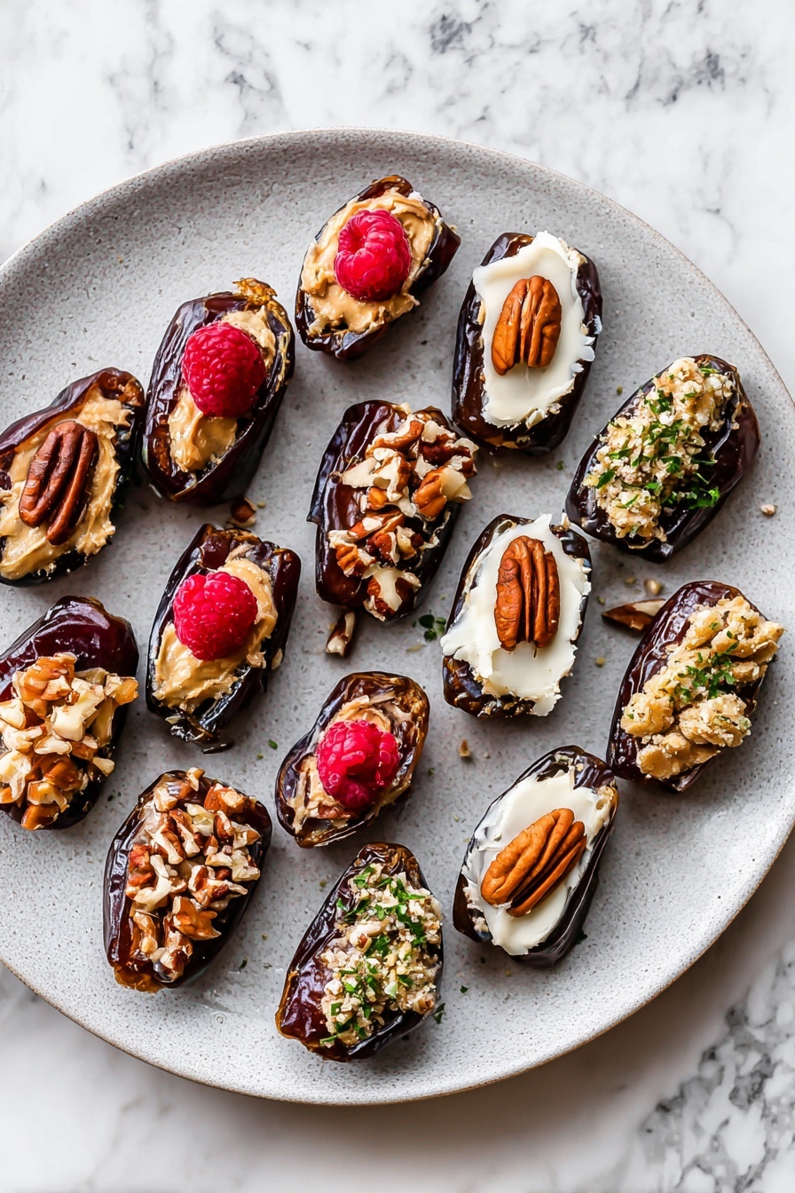 A round, speckled gray plate holds about sixteen dark brown dates that are each split open and filled with different toppings. Several dates have a creamy beige peanut butter filling with a bright red raspberry on top. Others have a smooth white filling with a single brown pecan and small green herb sprinkles. Some dates are filled with a beige nut mix and chopped nuts sprinkled on top. The plate is set on a white marbled surface with some peanuts and pecans visible around the edges. The lighting highlights the shiny, sticky texture of the dates and the vibrant colors of the toppings photo taken with an iphone --ar 2:3 --v 7