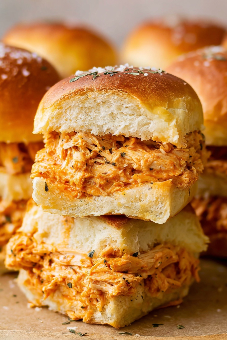 The image shows a close-up of a sandwich with two layers of soft, slightly shiny, brownish golden bread sprinkled with small herbs on top. Between the bread layers is a thick filling of shredded chicken mixed with a creamy orange sauce, making the filling look textured and juicy. The sandwich is stacked on another piece of the same sandwich, creating a two-sandwich pile. The background has a soft blur with more sandwiches visible, all placed on a white marbled surface with some scattered bits of filling around them. The photo taken with an iphone --ar 2:3 --v 7