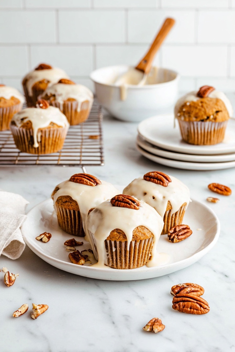 A close-up of a brown muffin with a slightly rough texture, topped with thick white icing that drips down its sides and a single pecan placed on top. The muffin sits on a white marbled surface, and behind it, there are more muffins with the same icing and pecan topping, slightly out of focus. The background is soft and light, making the muffin the main focus. photo taken with an iphone --ar 2:3 --v 7