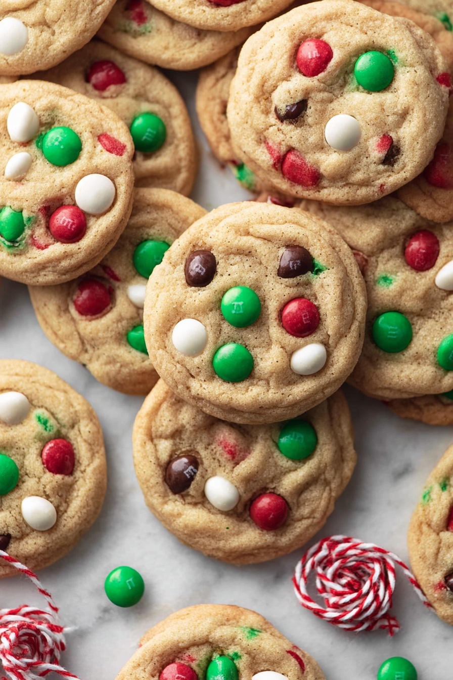 A pile of soft, round cookies with light brown color sits on a white marbled surface. Each cookie is covered with red, green, and white candy pieces with some dark brown chocolate chips scattered across. The cookies have a slightly bumpy texture from the candy and chocolate pieces pressed into the dough, creating a festive look. Some candy pieces lie loose around the cookies, along with a red and white twisted string adding a small touch of color and festiveness. photo taken with an iphone --ar 2:3 --v 7