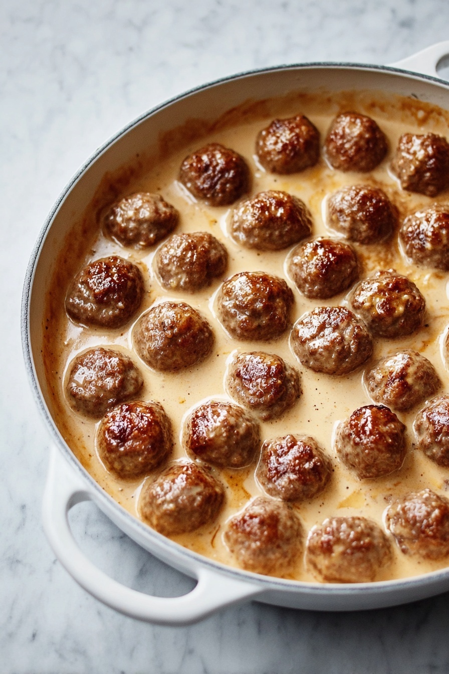 A white round pan with two handles holds about 28 small round meatballs that are brown and slightly crisp on the outside, each partially covered in a smooth, light brown creamy sauce. The sauce fills the pan up to the base of the meatballs, spreading evenly around and between them. The pan sits on a white marbled surface, and the image is taken from above showing all the meatballs arranged in a close, almost touching pattern. photo taken with an iphone --ar 2:3 --v 7