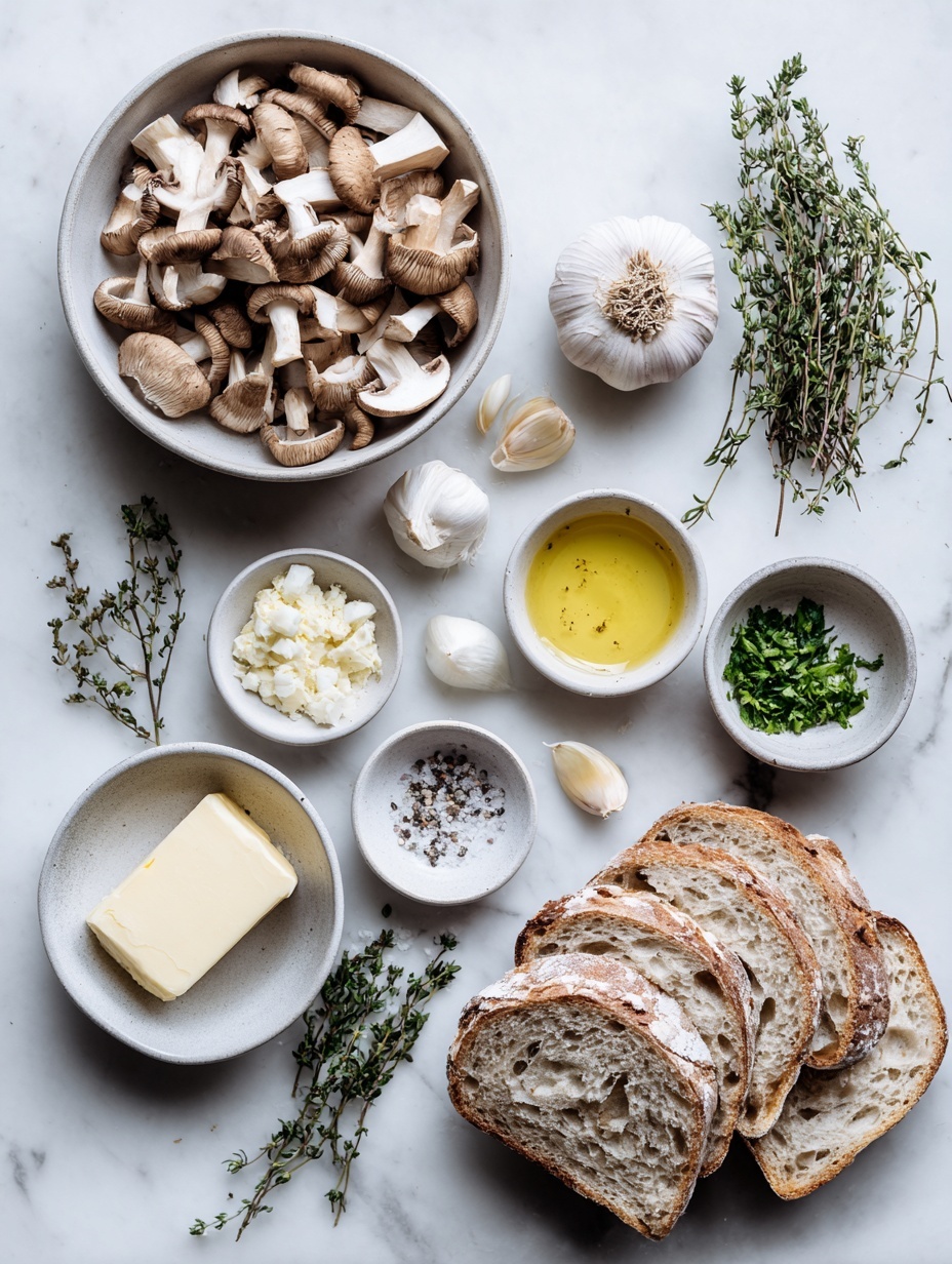 Flat lay of a small cluster of whole brown chestnut mushrooms, several thick slices of rustic sourdough bread with a golden crust, three whole uncracked garlic cloves (one whole and two with some minced garlic in a small white bowl), a few fresh sprigs of green thyme, a small handful of finely chopped flatleaf parsley in a white ceramic bowl, a small white bowl with a golden splash of olive oil, a small white bowl with a pat of creamy salted butter, another small white bowl containing coarse sea salt, and a similar bowl with freshly ground black pepper, all arranged symmetrically and naturally placed on a clean white marble surface, soft natural light, photo taken with an iPhone, professional food photography style, fresh ingredients, white ceramic bowls, no bottles, no duplicates, no utensils, no packaging --ar 2:3 --v 7 --p m7354615311229779997