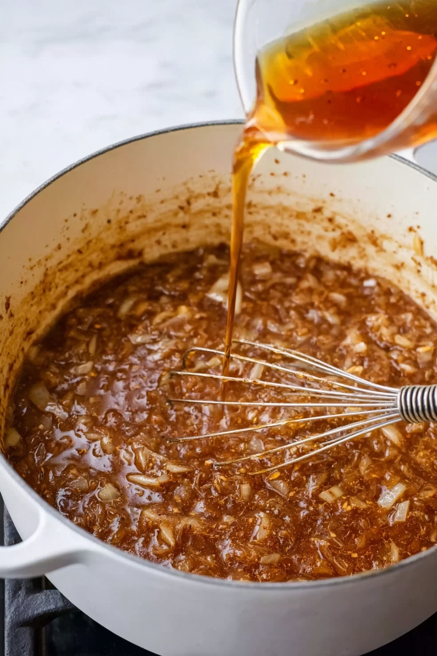 A large white pot filled with a brown onion mixture that has visible soft, cooked onion slices and bits of seasoning. A metal whisk is resting in the pot, stirring the contents. A clear liquid is being poured into the pot from above, creating small bubbles and adding a shiny wet texture to the mixture. The pot is on a white marbled surface with some light reflections on its outer side. photo taken with an iphone --ar 2:3 --v 7