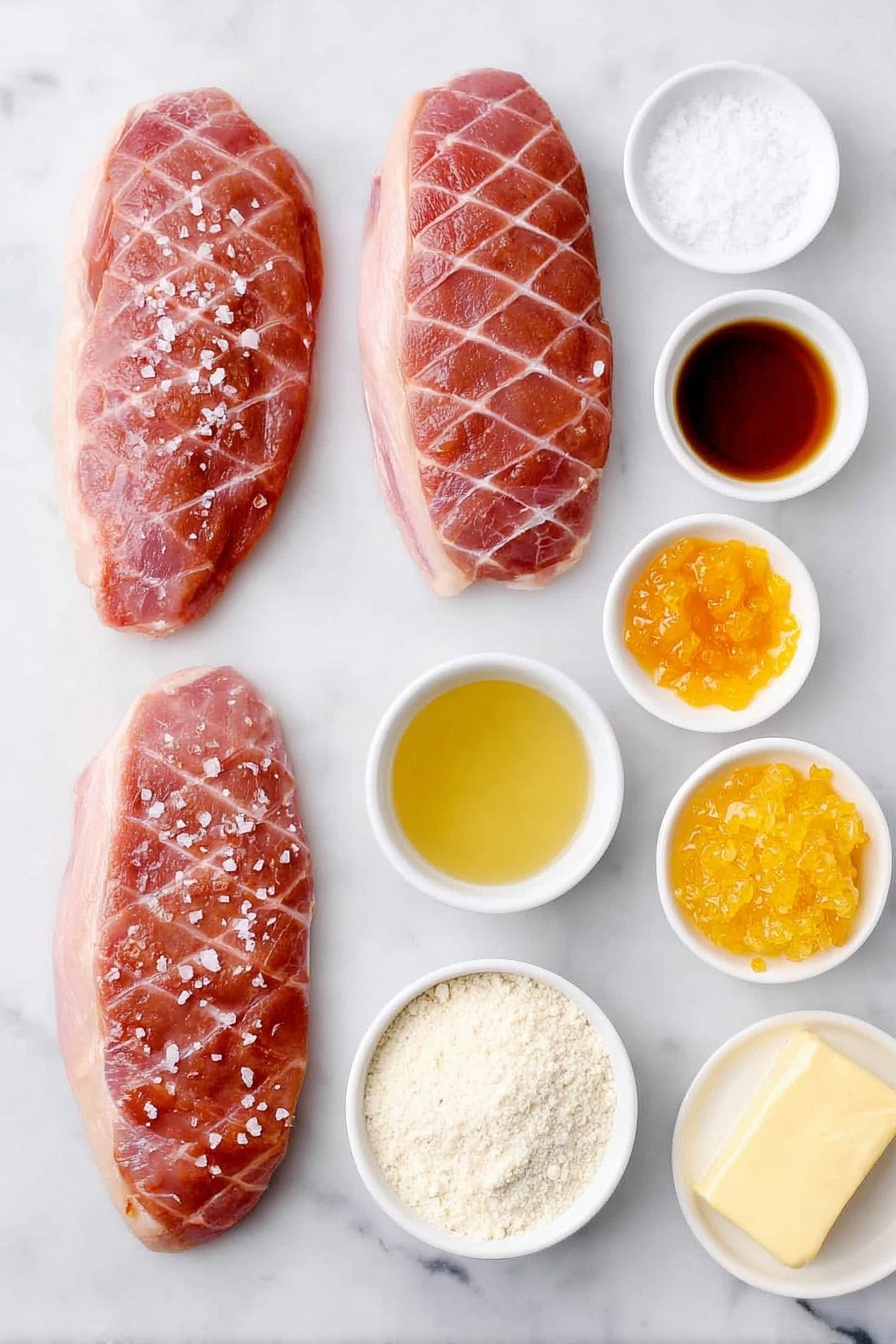 Flat lay of two raw duck breast halves with skin scored in a crosshatch pattern, a small white bowl of chicken broth, a small white bowl of bright orange marmalade, a small white bowl of glossy golden reserved duck fat, a small white bowl of pale yellow butter, a small white bowl of grated orange zest, a small white bowl of fine all-purpose flour, a small white bowl of amber sherry vinegar, and a small white bowl of clear orange liqueur, arranged symmetrically on a clean white marble surface, soft natural light, photo taken with an iPhone, professional food photography style, fresh ingredients, white ceramic bowls, no bottles, no duplicates, no utensils, no packaging --ar 2:3 --v 7 --p m7354615311229779997