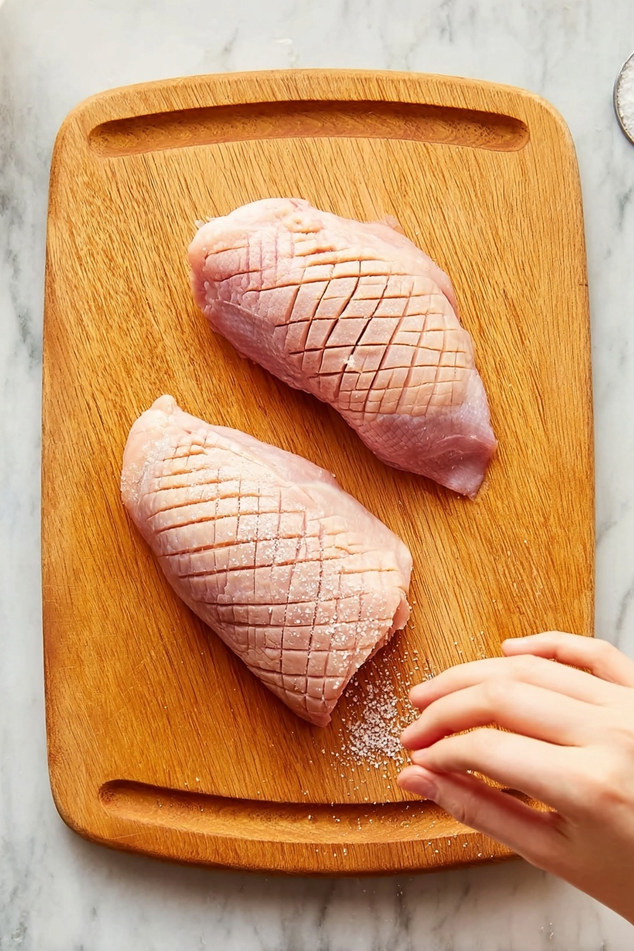 Two raw duck pieces lie flat on a wooden board showing a diamond pattern cut on the skin side. A woman's hand is sprinkling salt over the right duck piece. The cutting board is placed on a white marbled surface. photo taken with an iphone --ar 2:3 --v 7