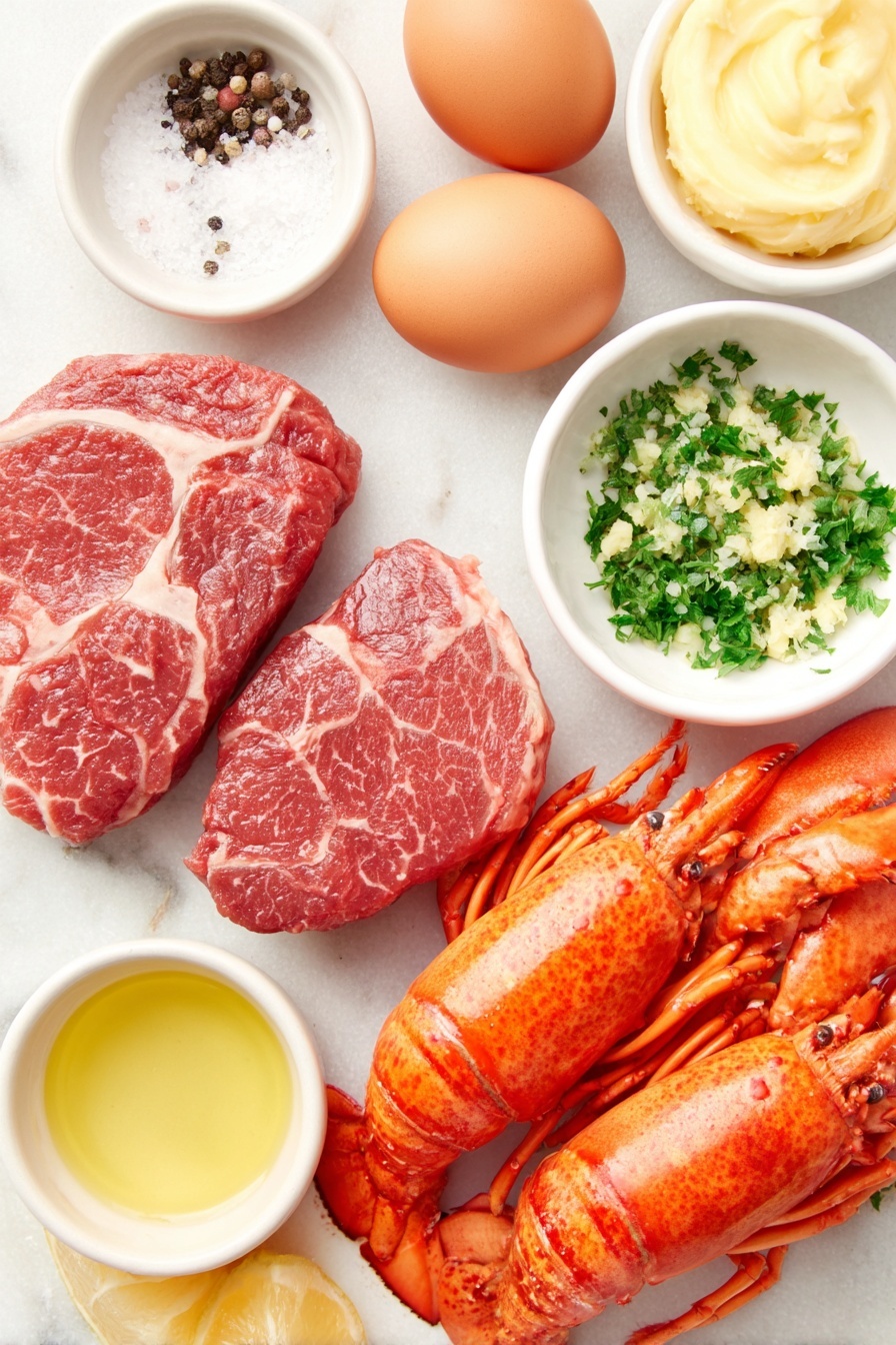 Flat lay of two raw filet mignon steaks with marbling, two fresh lobster tails with bright red shells and white meat exposed, a small white bowl of pale yellow unsalted butter, a small white bowl of minced shallot, a small white bowl of minced garlic, a few sprigs of fresh green parsley, a small white bowl of fresh lemon juice, two lemon wedges with bright yellow rind and juicy pulp, a small white bowl of golden olive oil, a small white bowl of coarse kosher salt, and a small white bowl of cracked black peppercorns, all arranged symmetrically with perfect proportions on a clean white marble surface, soft natural light, photo taken with an iPhone, professional food photography style, fresh ingredients, white ceramic bowls, no bottles, no duplicates, no utensils, no packaging --ar 2:3 --v 7 --p m7354615311229779997