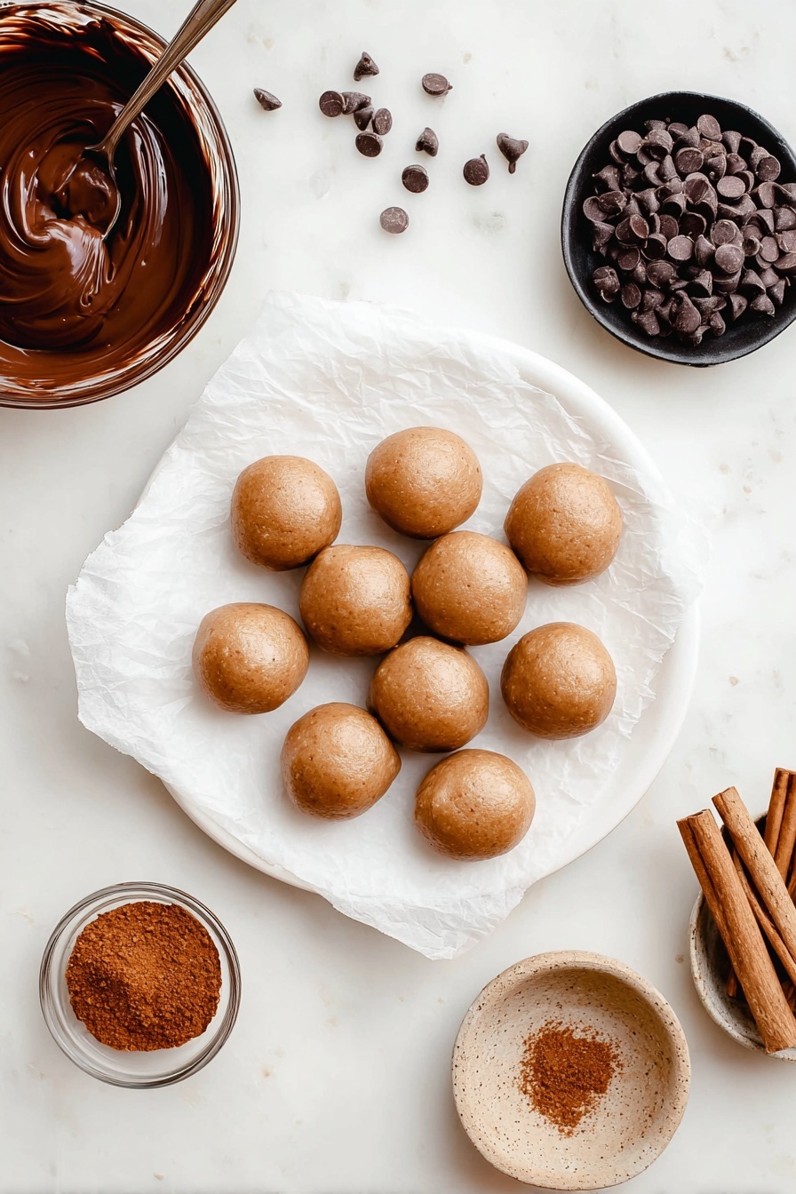 A white plate holds a white parchment paper sheet with twelve smooth, round brown dough balls arranged on top, each with a slightly shiny surface showing small cracks and texture. Around the plate on a white marbled surface sit a dark bowl filled with shiny dark chocolate chips, a small clear bowl with brown powder, a speckled beige bowl holding three cinnamon sticks, and a mixing bowl partially visible with thick dark melted chocolate. A few dark chocolate chips are also scattered near the plate. Photo taken with an iphone --ar 2:3 --v 7