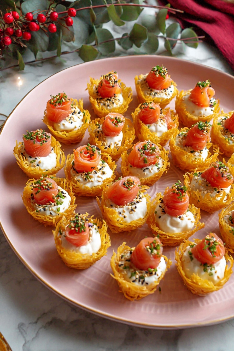 The image shows a white round plate filled with 20 small, golden-brown crispy cups arranged in a circular pattern. Each cup is filled with a smooth white cream layer and topped with a small rose-shaped swirl of bright pink smoked salmon. There are green chive bits and a mix of black and white sesame seeds sprinkled evenly over the cups, adding texture and color contrast. The plate rests on a white marbled surface, with parts of a small green cloth and some holiday decorations visible nearby. photo taken with an iphone --ar 2:3 --v 7