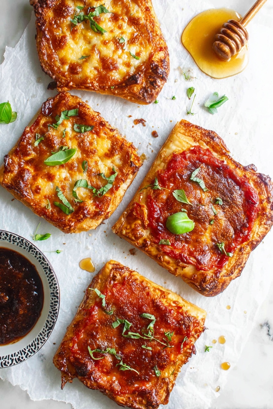 The image shows four small square pizzas on white parchment paper placed on a white marbled surface. Each pizza has a crispy, golden brown crust with slightly burnt edges. Three of the pizzas have a visible layer of red tomato sauce topped with melted orange cheese and scattered green basil leaves. The pizza in the top left corner is fully covered in a golden cheesy layer with some browned spots and no visible tomato sauce. Around the pizzas, there are a few small green basil leaves scattered and a bowl of dark dipping sauce with visible red chili flakes on the lower left side. In the top right corner, there is a wooden honey dipper with some honey on the white marbled surface. The overall look is rustic and fresh. photo taken with an iphone --ar 2:3 --v 7