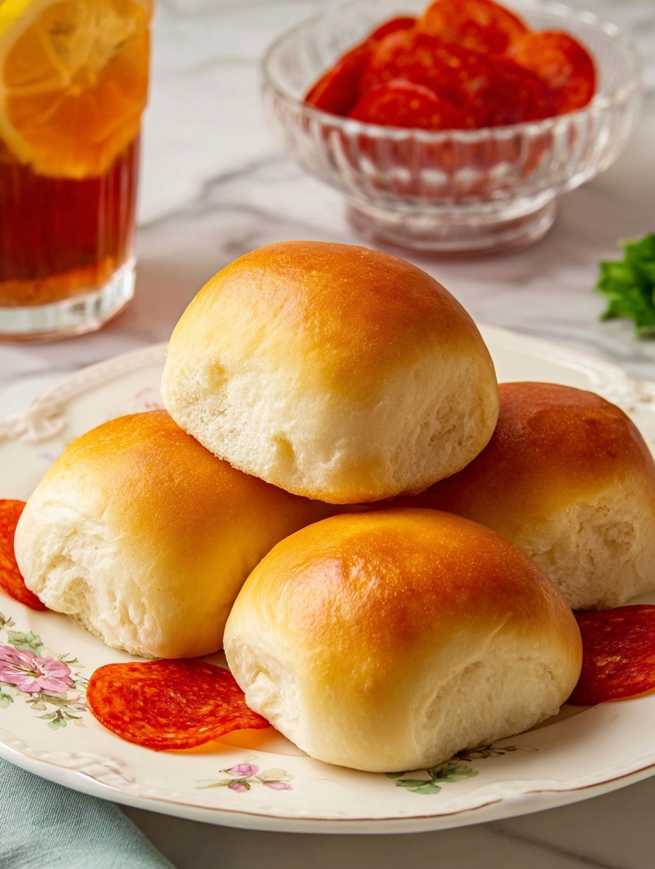 The image shows a pile of five golden brown baked rolls with a smooth, shiny top layer and soft texture beneath, placed in the center of a white plate with a subtle floral pattern along the edges. Around the rolls, there are bright red pepperoni slices scattered, adding contrast with their thin, slightly curled edges and shiny oily surface. In the background, slightly out of focus, a clear glass bowl contains additional pepperoni slices, and a tall glass jar filled with iced tea and lemon slices is visible, all set on a white marbled surface. A green herb garnish peeks from the left side, adding a fresh green touch. photo taken with an iphone --ar 2:3 --v 7