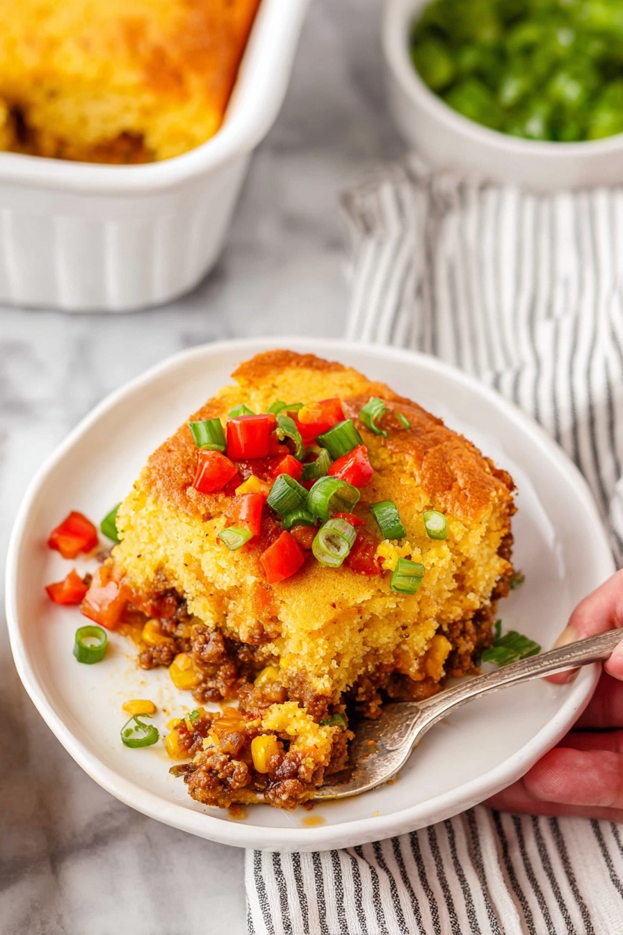 A serving of layered casserole sits on a white plate placed on a wooden table, featuring a crispy golden top layer with a coarse texture. Below this, a moist cooked ground meat layer mixed lightly with small bits of white starch-like pieces and diced red bell peppers creates a colorful, uneven texture. The dish is garnished with scattered green onion slices and bright red bell pepper chunks on top, adding fresh green and red colors that contrast with the casserole's warm yellow and brown tones. Some green onion pieces are also scattered around the plate. Photo taken with an iphone --ar 2:3 --v 7
