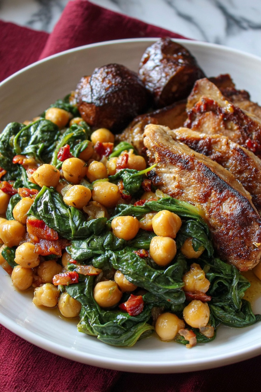 A white plate holds two main parts: on the right side, there are five slices of cooked chicken with a crisp brown skin and tender inside, arranged in a straight line from top to bottom. Above the slices is one cooked chicken wing with a golden brown color. On the left side, there is a mix of chickpeas, bright green spinach leaves, and small pieces of red tomato, all cooked together with a light sauce that gives a shiny texture. The plate sits on a red fabric with folds, and the photo has soft natural light. Photo taken with an iphone --ar 2:3 --v 7