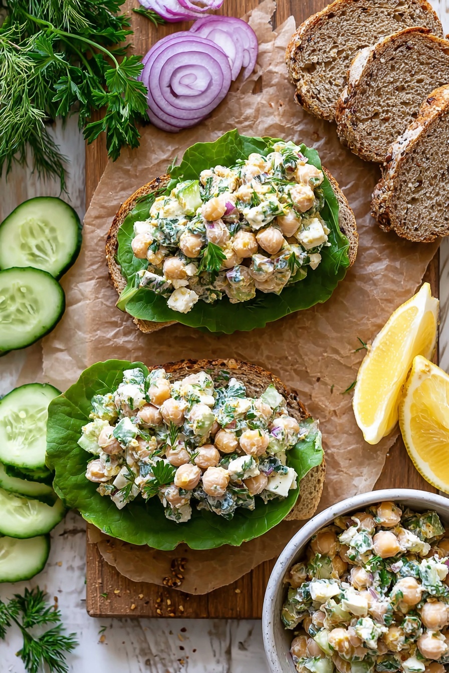 A tall sandwich stacked with three pieces of toasted grain bread, each layer filled with bright green leafy lettuce, thick slices of purple onion rings, and cucumber slices. Between the vegetables is a creamy, chunky salad mix with white cheese, yellow chickpeas, and green herbs spread thickly. Tiny fresh herb sprigs, possibly dill, peek out around the edges. The sandwich sits on a light brown wooden surface with some scattered fresh herb leaves nearby, all against a soft white marbled background. photo taken with an iphone --ar 2:3 --v 7