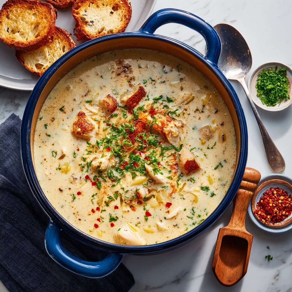 A large blue pot filled with creamy beige soup that has small shell pasta, chickpeas, and chunks of lightly browned pieces mixed throughout. The surface of the soup has green and red chili flakes sprinkled in the center, creating a colorful contrast. The pot sits on a white marbled background with toasted round bread slices arranged beside it. A small white bowl with crushed red pepper flakes is placed near the top, and a white spoon is partially visible on the wooden surface next to the pot. photo taken with an iphone --ar 2:3 --v 7