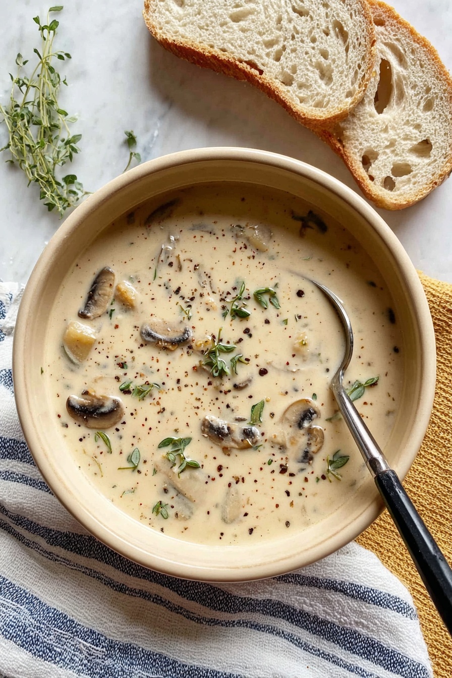 A creamy beige mushroom soup fills a round bowl, showing visible small chunks of mushrooms and sprinkled with fresh green thyme leaves and black pepper. A spoon with a black handle rests on the right side inside the bowl, slightly touching the soup. Near the bowl, a slice of light brown bread with holes is placed on a white marbled surface, accompanied by sprigs of thyme. A textured beige and white cloth and a blue and white striped napkin are partially visible beneath the bowl. photo taken with an iphone --ar 2:3 --v 7