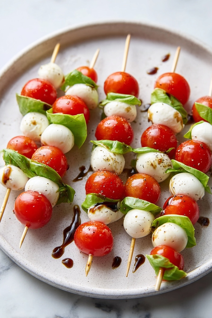 There are eight skewers on a round white plate, each skewer has three layers: a shiny red cherry tomato on top, a bright green basil leaf in the middle, and a smooth white mozzarella ball on the bottom. The skewers are drizzled with dark brown balsamic glaze and sprinkled with black pepper. The plate sits on a white marbled surface. photo taken with an iphone --ar 2:3 --v 7